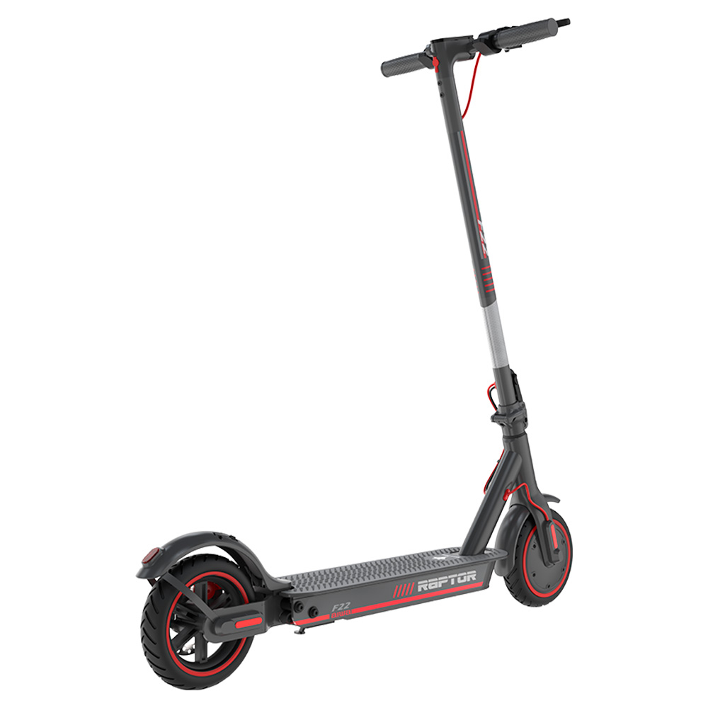 Scooter elettrico grigio, vista laterale, con dettagli rossi. Manubrio, stelo e pedana neri. 'RAPTOR'.