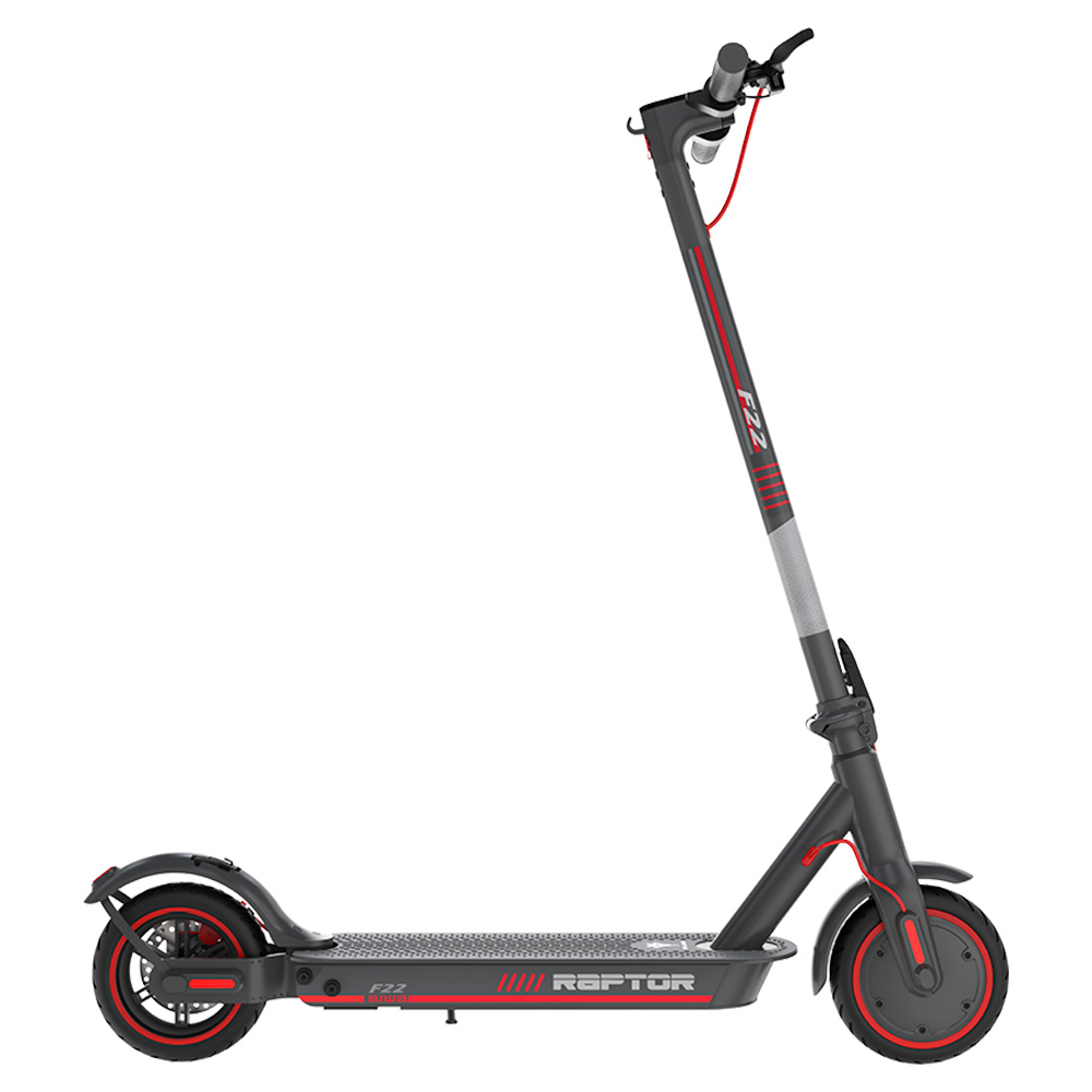 Scooter elettrico grigio, vista laterale. Manubrio, stelo e pedana neri. Dettagli rossi, 'RAPTOR' visibile.