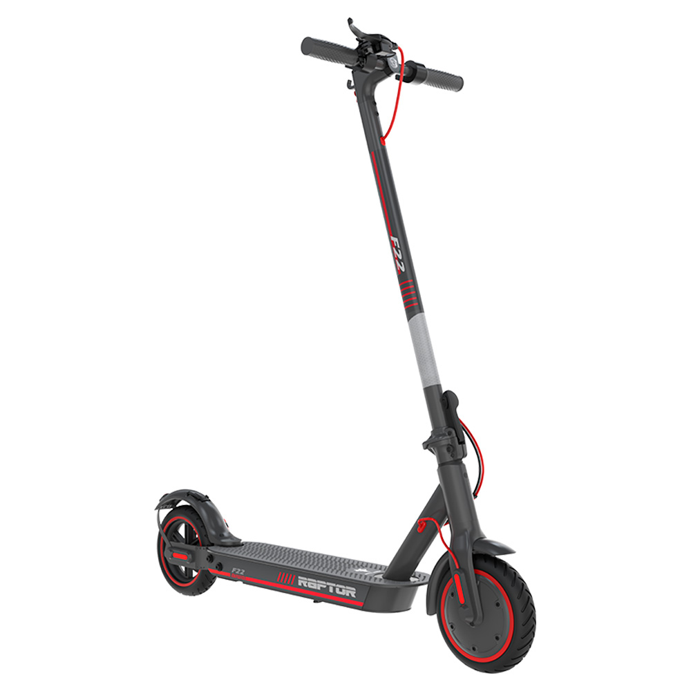 Scooter elettrico grigio con dettagli rossi. Manubrio, stelo e pedana neri. 'RAPTOR' e 'F22' visibili.