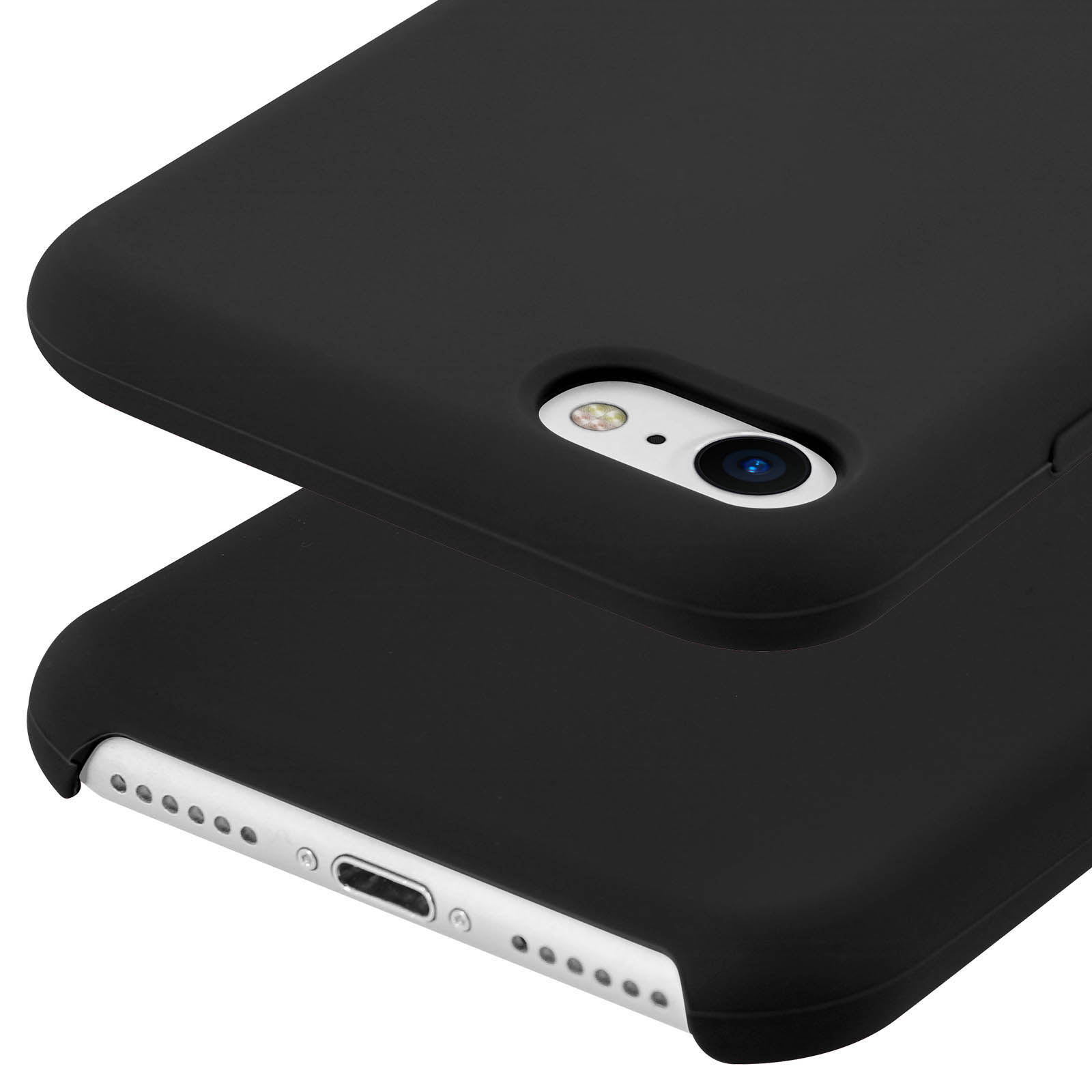 Custodia per telefono nera con ritaglio per l'obiettivo della fotocamera. La custodia è sopra un'altra, mostrando il design.