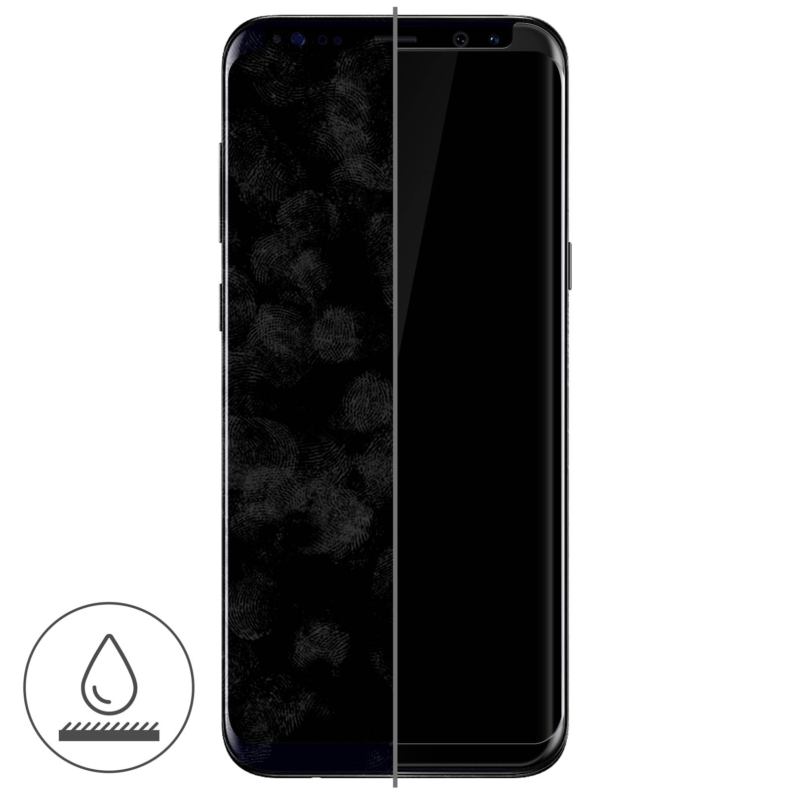 Smartphone nero con protezione schermo applicata. Schermo diviso, un lato chiaro, uno con impronte.