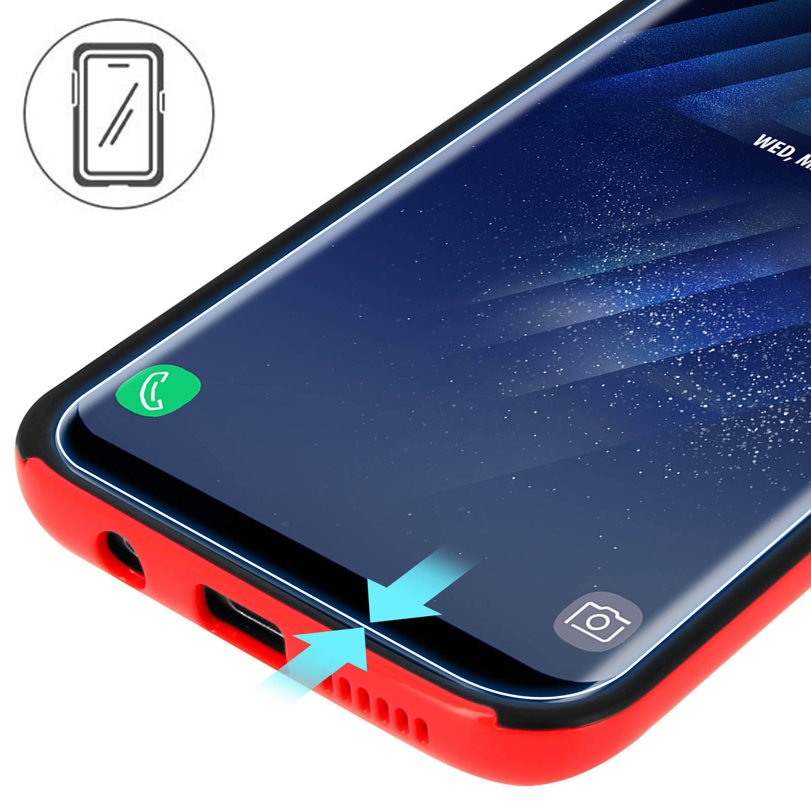 Telefono con custodia rossa. Frecce indicano la porta di ricarica e l'altoparlante.
