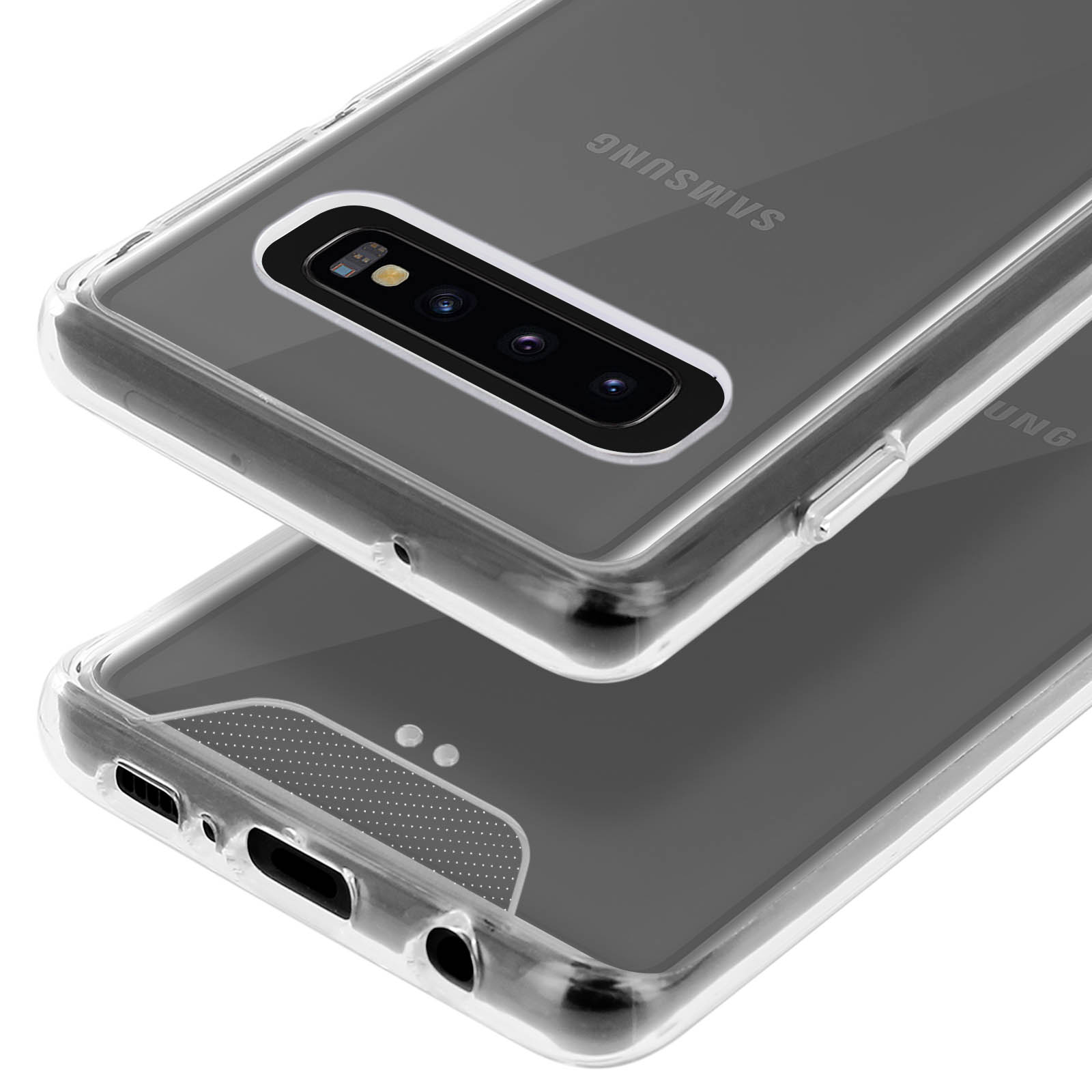 Transparante telefoonhoesjes op elkaar. Samsung-logo zichtbaar. De hoes is transparant en toont de telefoon.