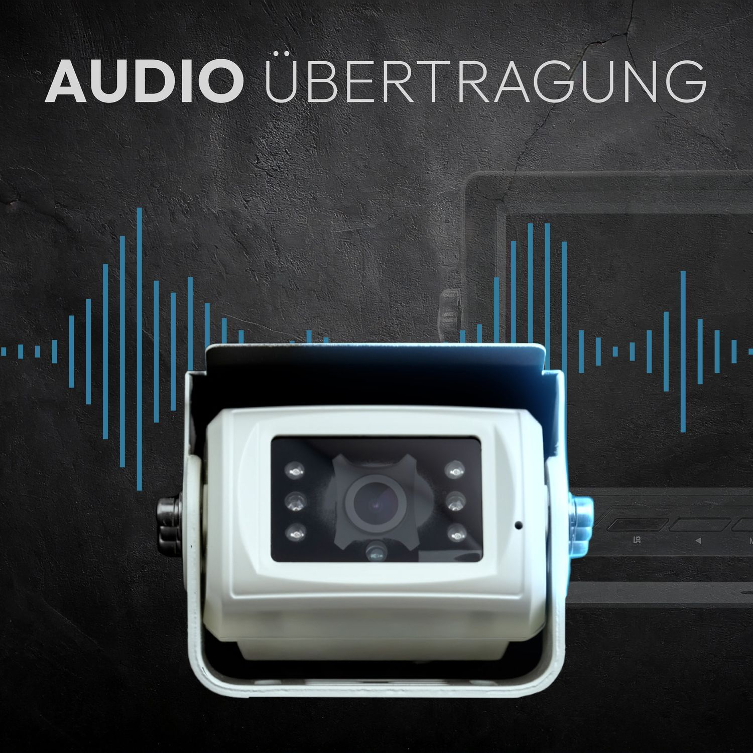 Weiße Kamera mit Text AUDIO ÜBERTRAGUNG. Blaue Audio-Welle im Hintergrund.