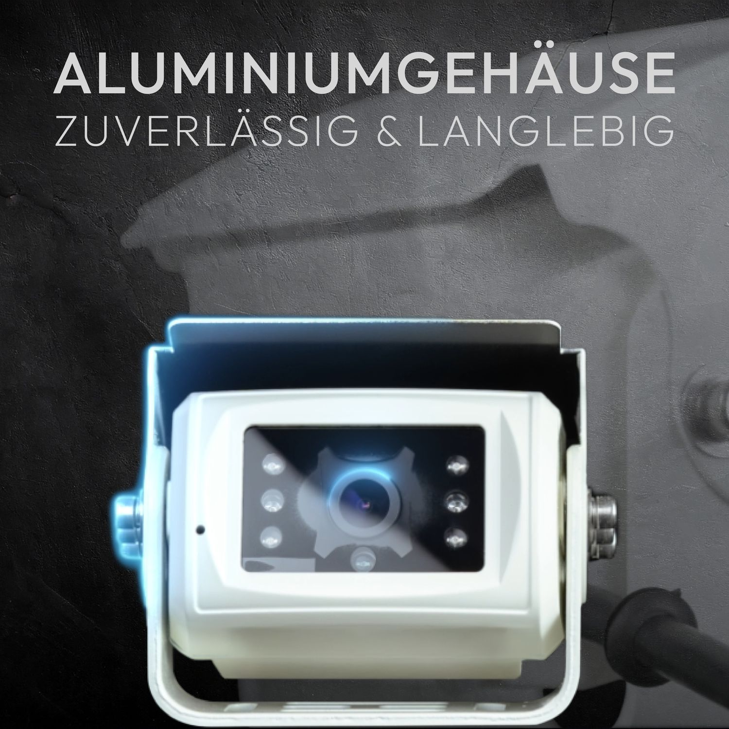 Weiße Kamera mit schwarzem Hintergrund. Text lautet 'ALUMINIUMGEHÄUSE' und 'ZUVERLÄSSIG & LANGLEBIG'.