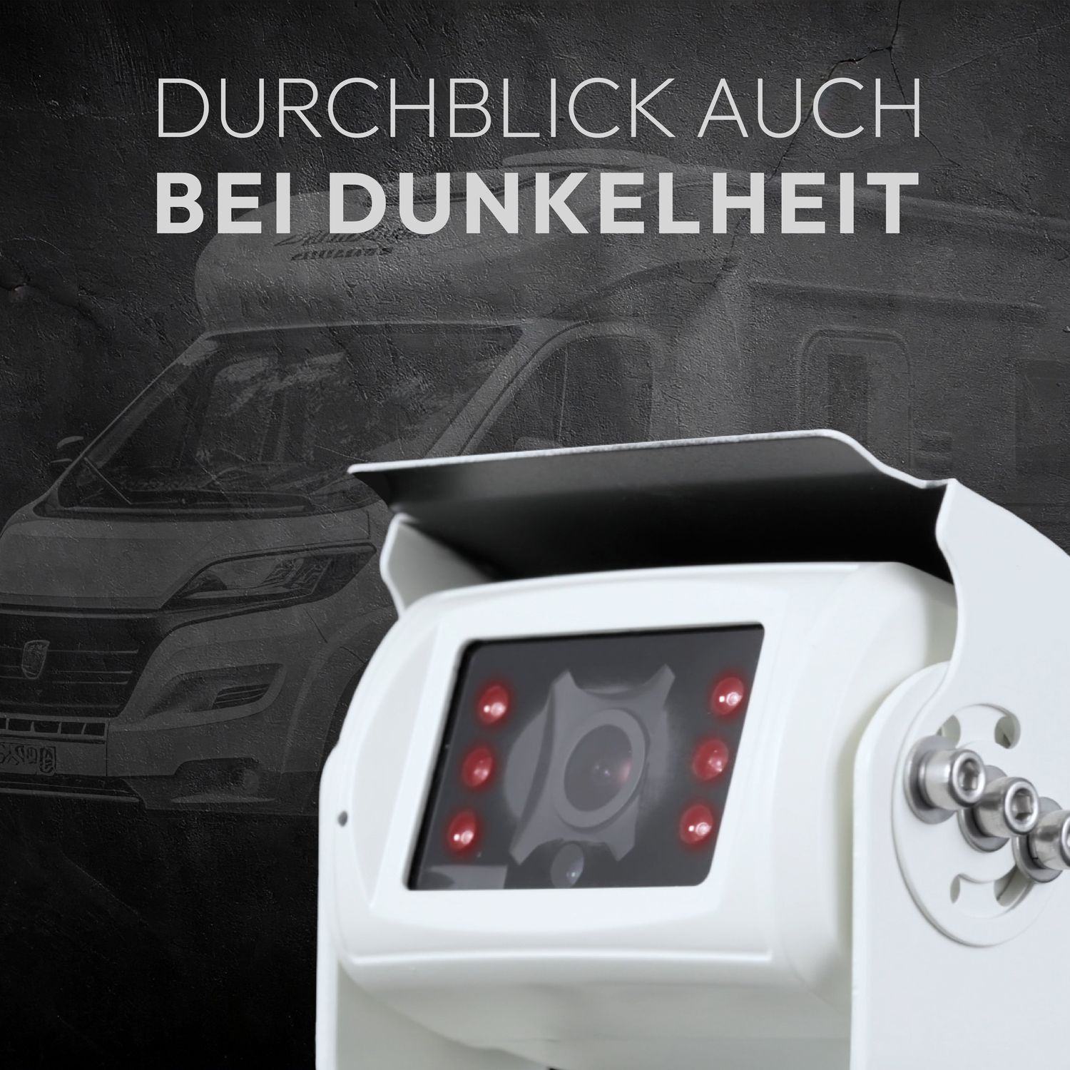 Weiße Kamera mit roten Lichtern. Text lautet 'DURCHBLICK AUCH BEI DUNKELHEIT'. Dunkler Hintergrund.