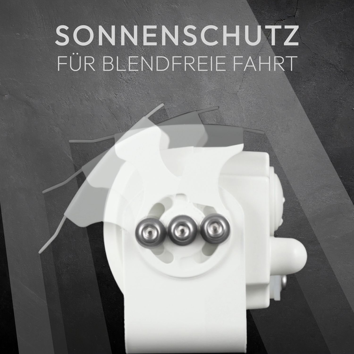 Weißes Gerät mit Text Sonneenschutz. Schwarzer Hintergrund mit Lichtstreifen.