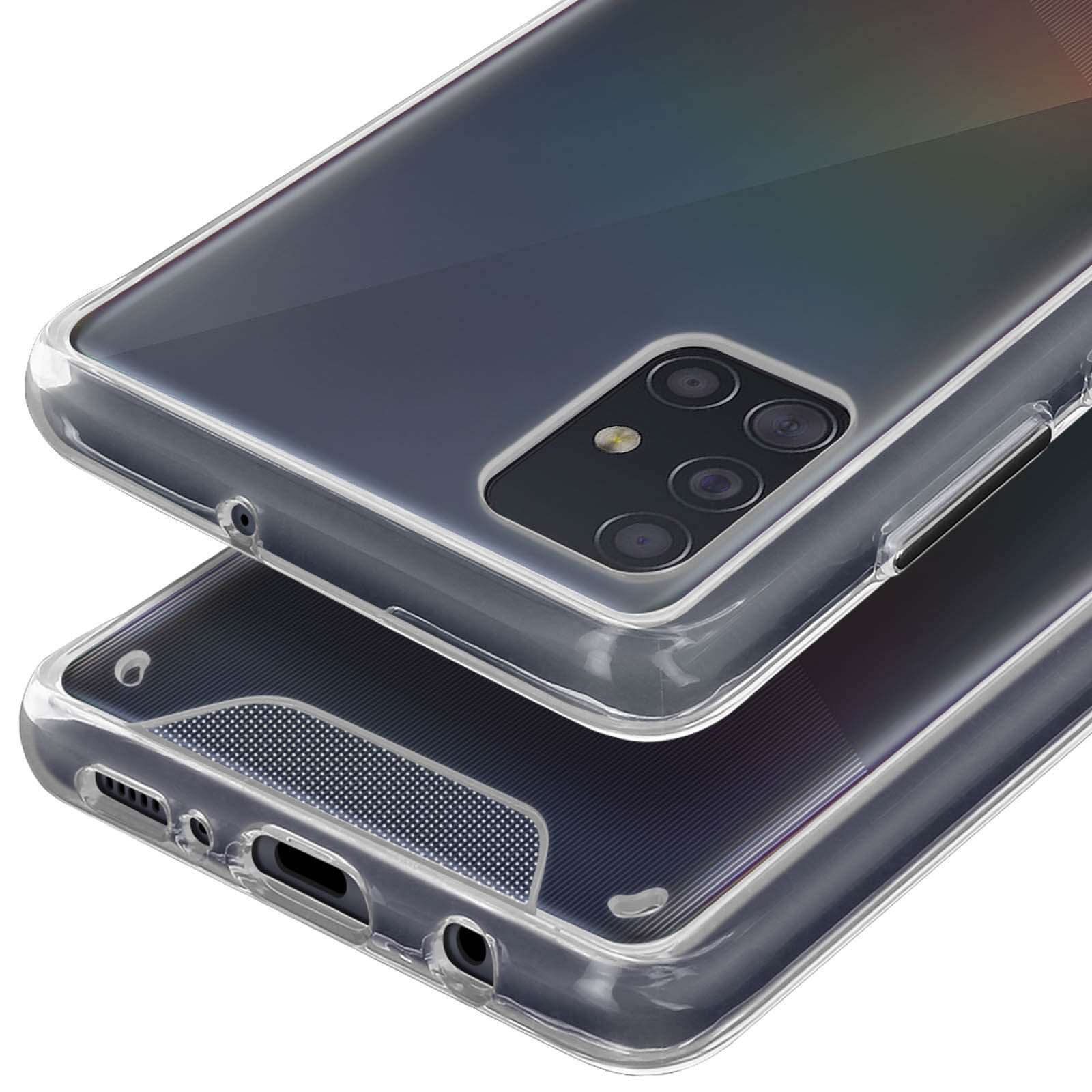 Un primo piano di una custodia per telefono. La custodia è trasparente e ha un colore sfumato. La custodia copre il telefono.