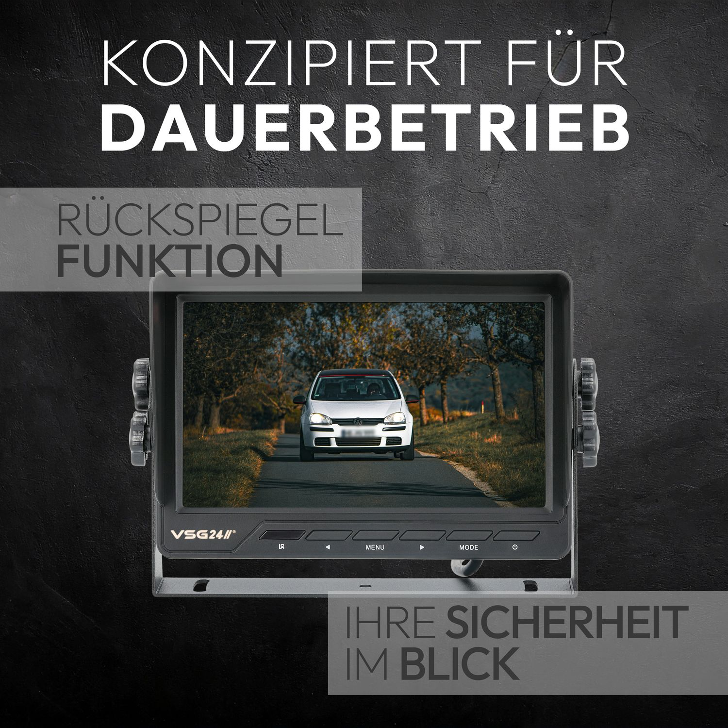Auto-Monitor, der eine Straße mit einem weißen Auto zeigt, Text auf Deutsch.