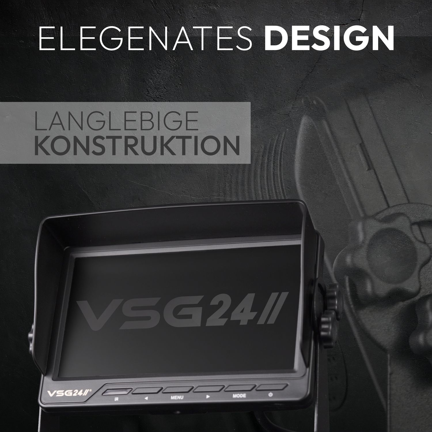 Ein Monitorbildschirm mit dem VSG24-Logo. Es hat einen dunklen Hintergrund und der Text lautet 'ELEGANTE DESIGN'.