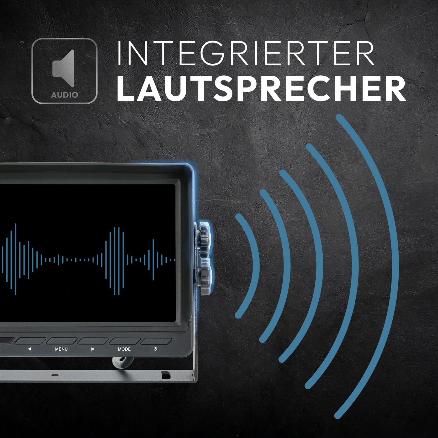 Bildschirm mit einer Schallwellengrafik, ein Audiosymbol. Der Text lautet 'Integrierter Lautsprecher'.