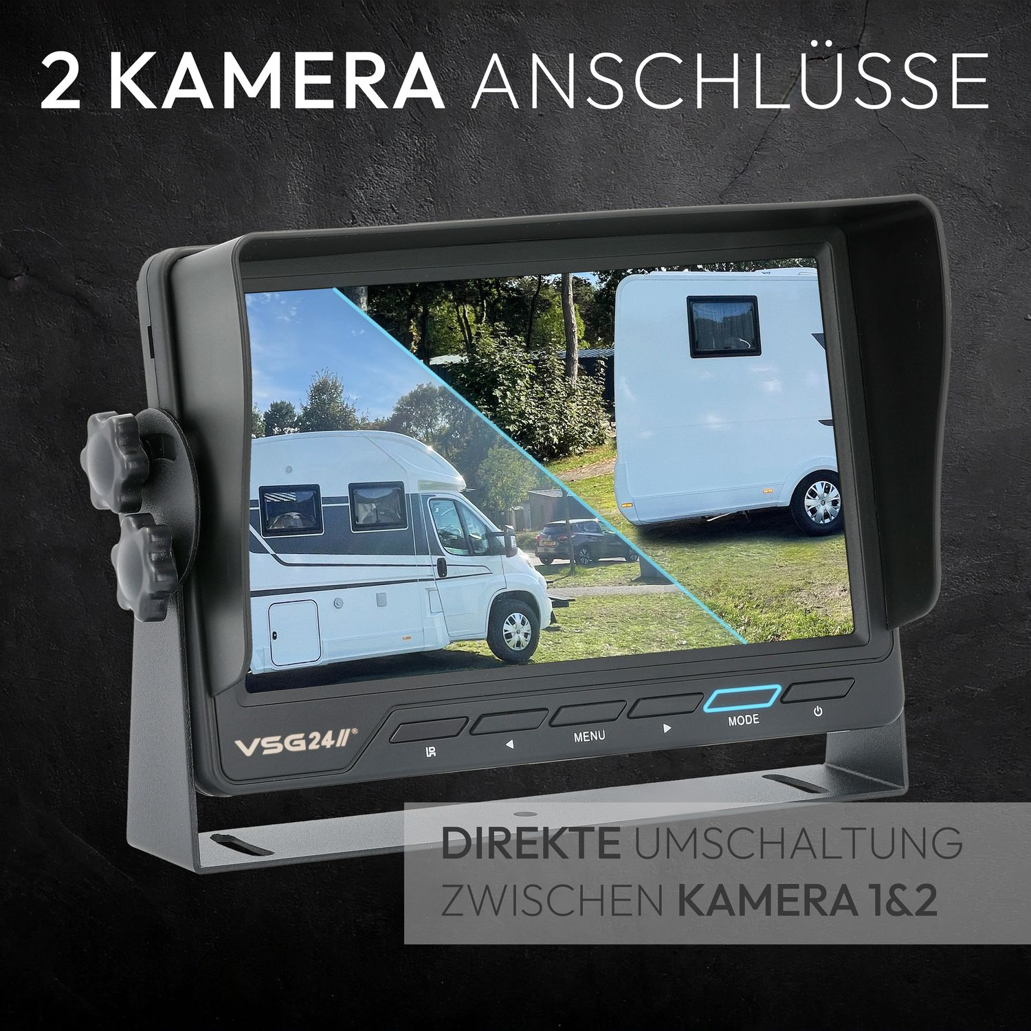 Ein Monitorbildschirm zeigt eine Ansicht von einer Kamera, die ein Fahrzeug zeigt. Der Bildschirm hat das VSG24-Logo und Steuertasten.