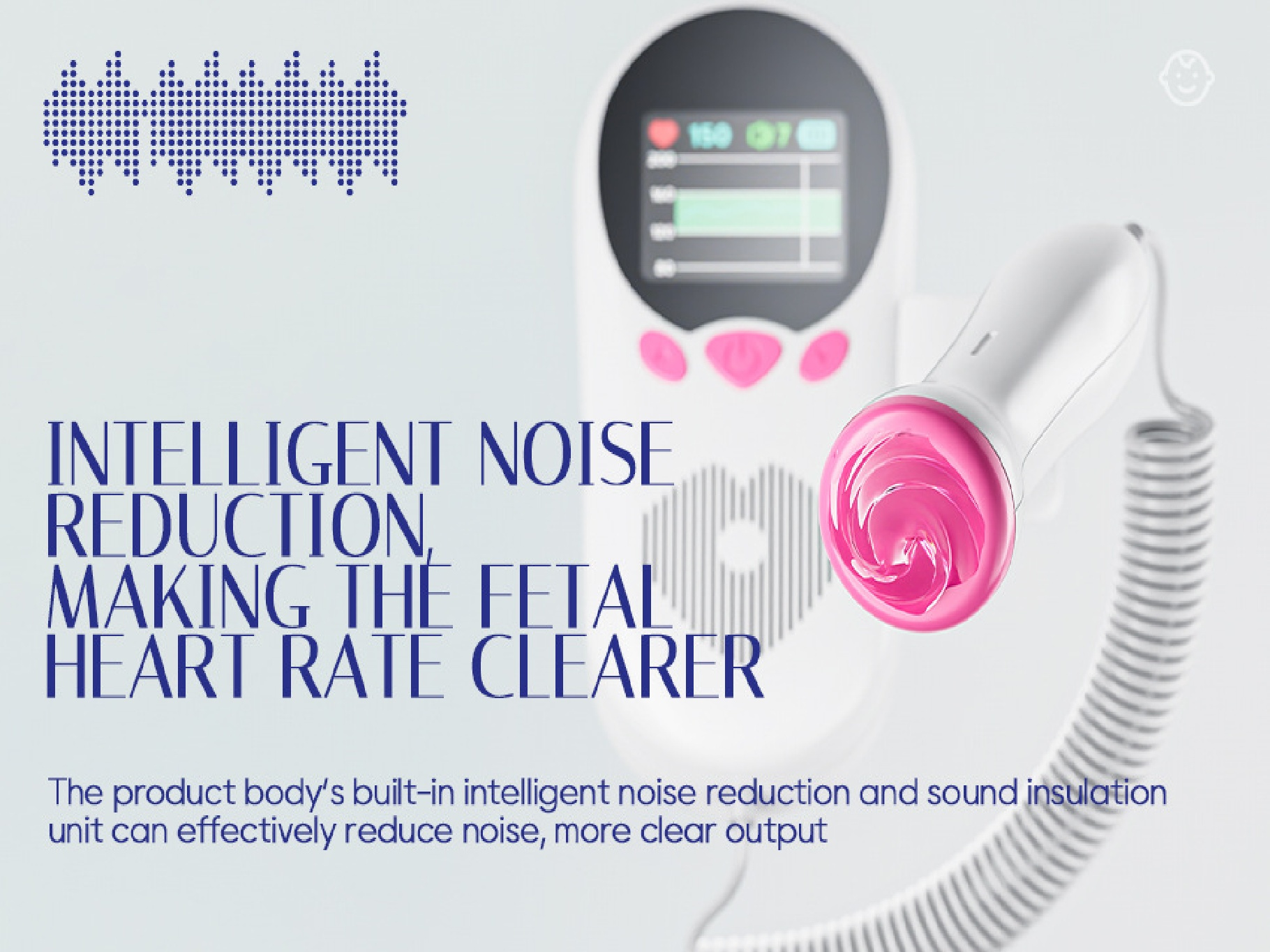 Fetal-Herzfrequenzmonitor mit rosa Sonde und Display. Merkmale: intelligente Rauschunterdrückung, klare Herzfrequenz.