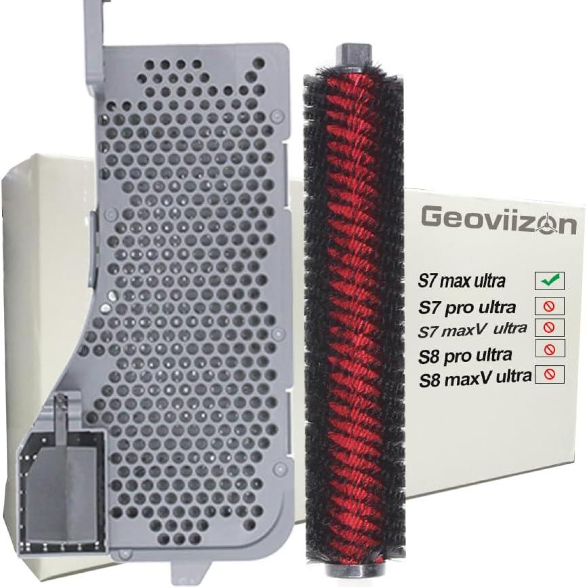 Części odkurzacza: filtr, szczotka i pudełko ze znakiem wyboru.