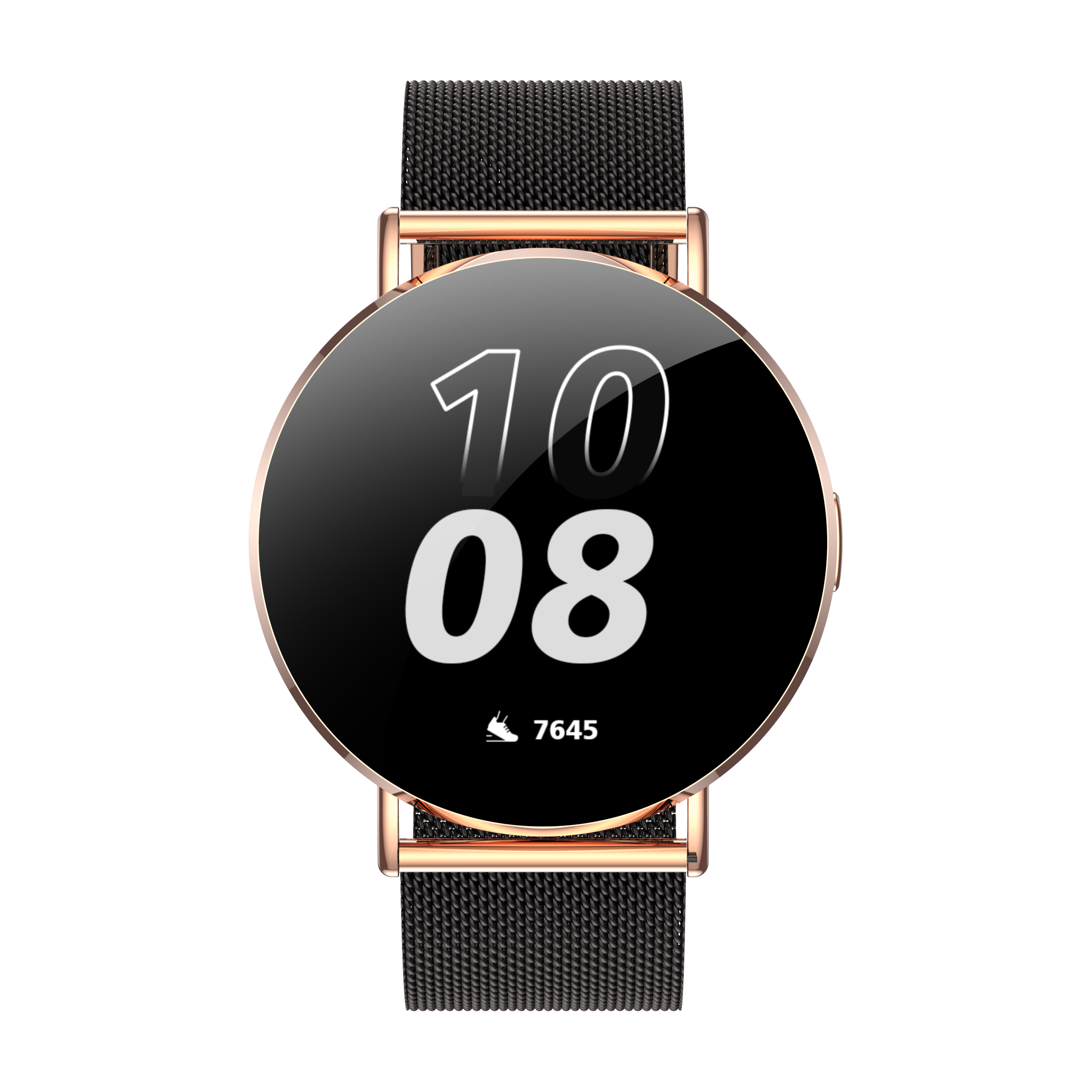 Roségoldene Smartwatch mit schwarzem Armband, zeigt die Zeit und Schritte an.