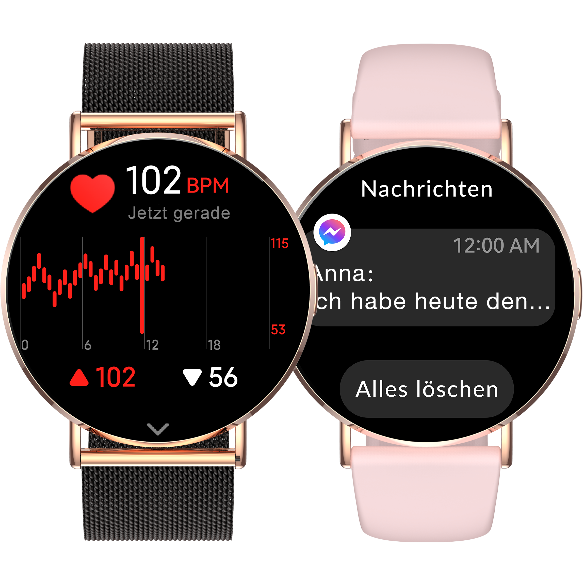 Smartwatch zeigt Herzfrequenzdaten und eine Nachricht von Anna.