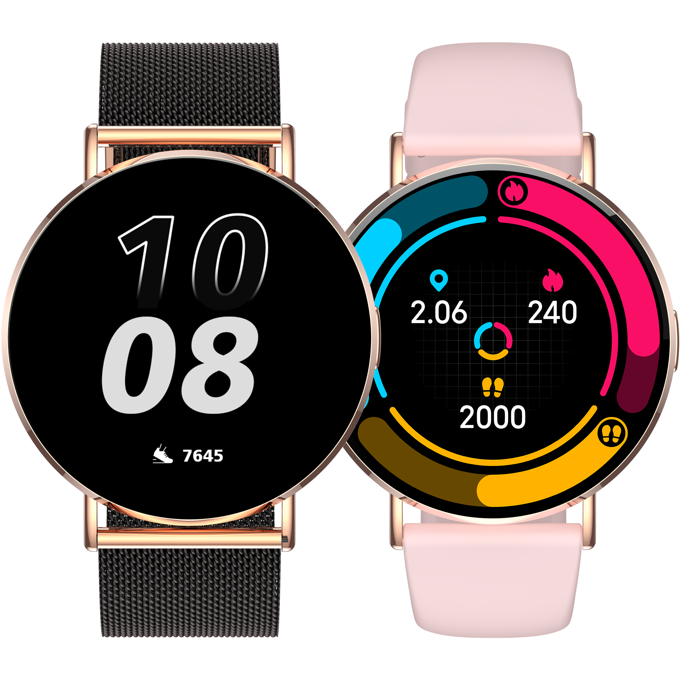 Zwei Smartwatches mit schwarzen und rosa Bändern. Eine zeigt Zeit und Schritte, die andere Fitnessdaten.
