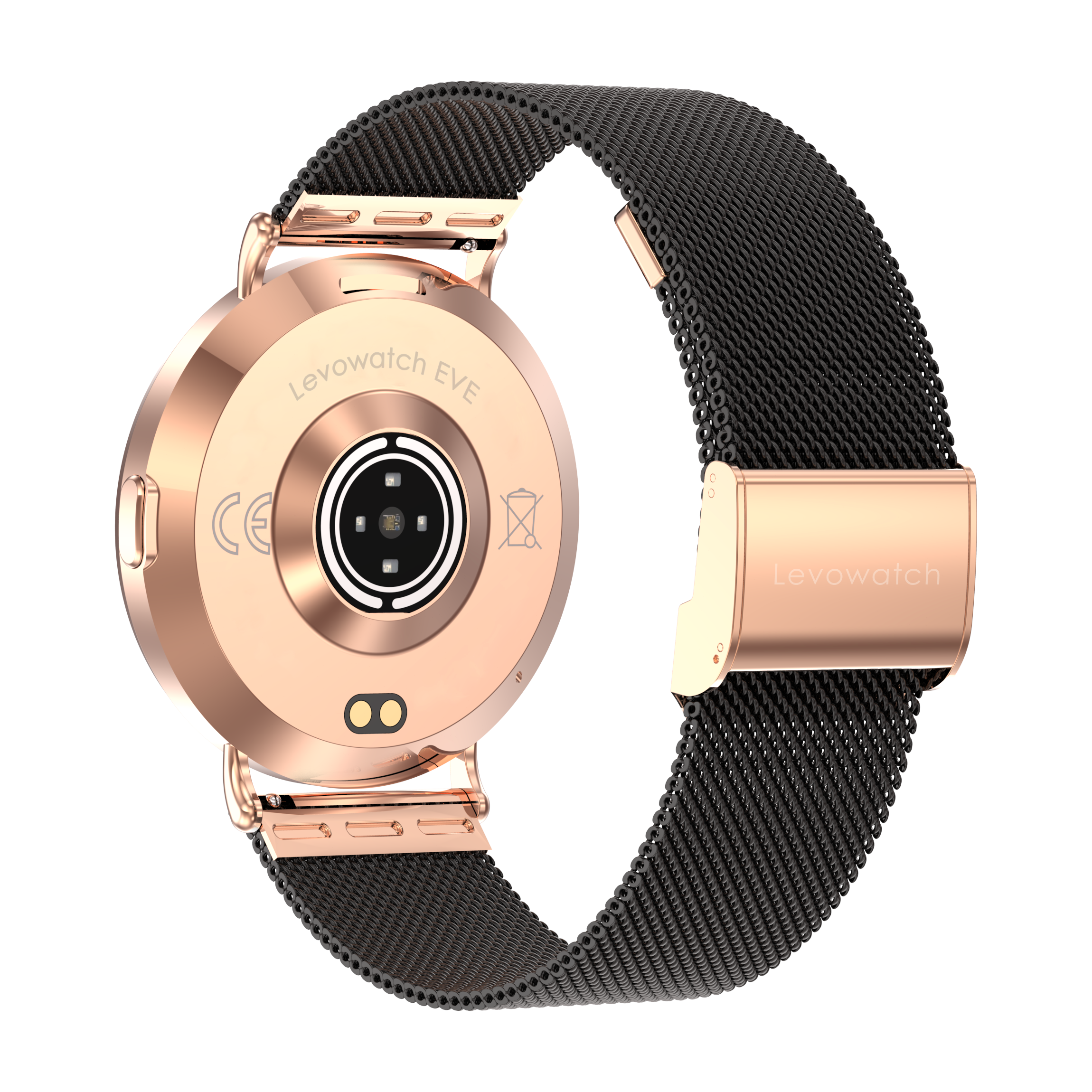Rückansicht einer roségoldenen Smartwatch mit schwarzem Armband, zeigt das Levowatch-Logo und Details.