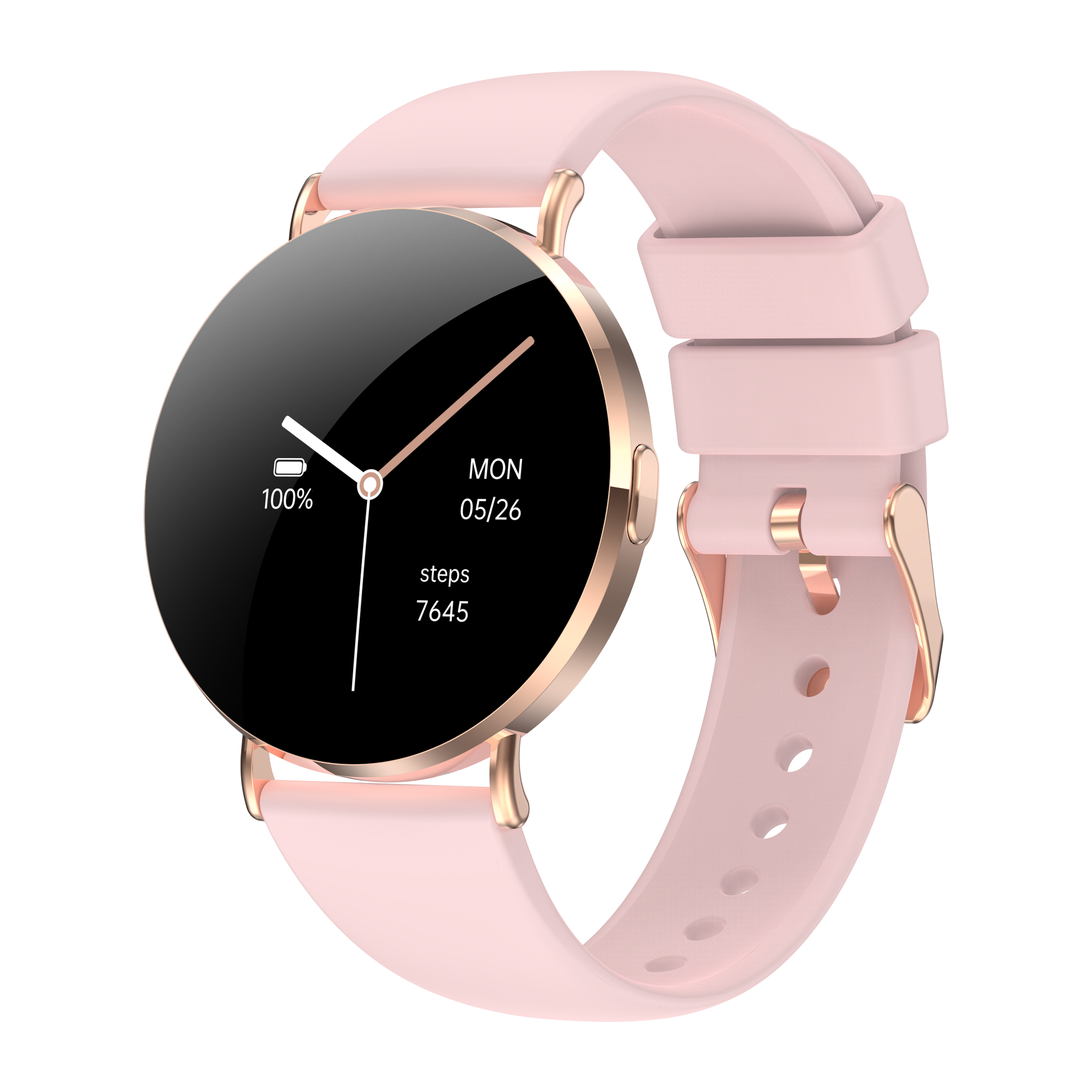 Roségoldene Smartwatch mit pinkfarbenem Armband, zeigt Zeit, Schritte und Batteriestand an.