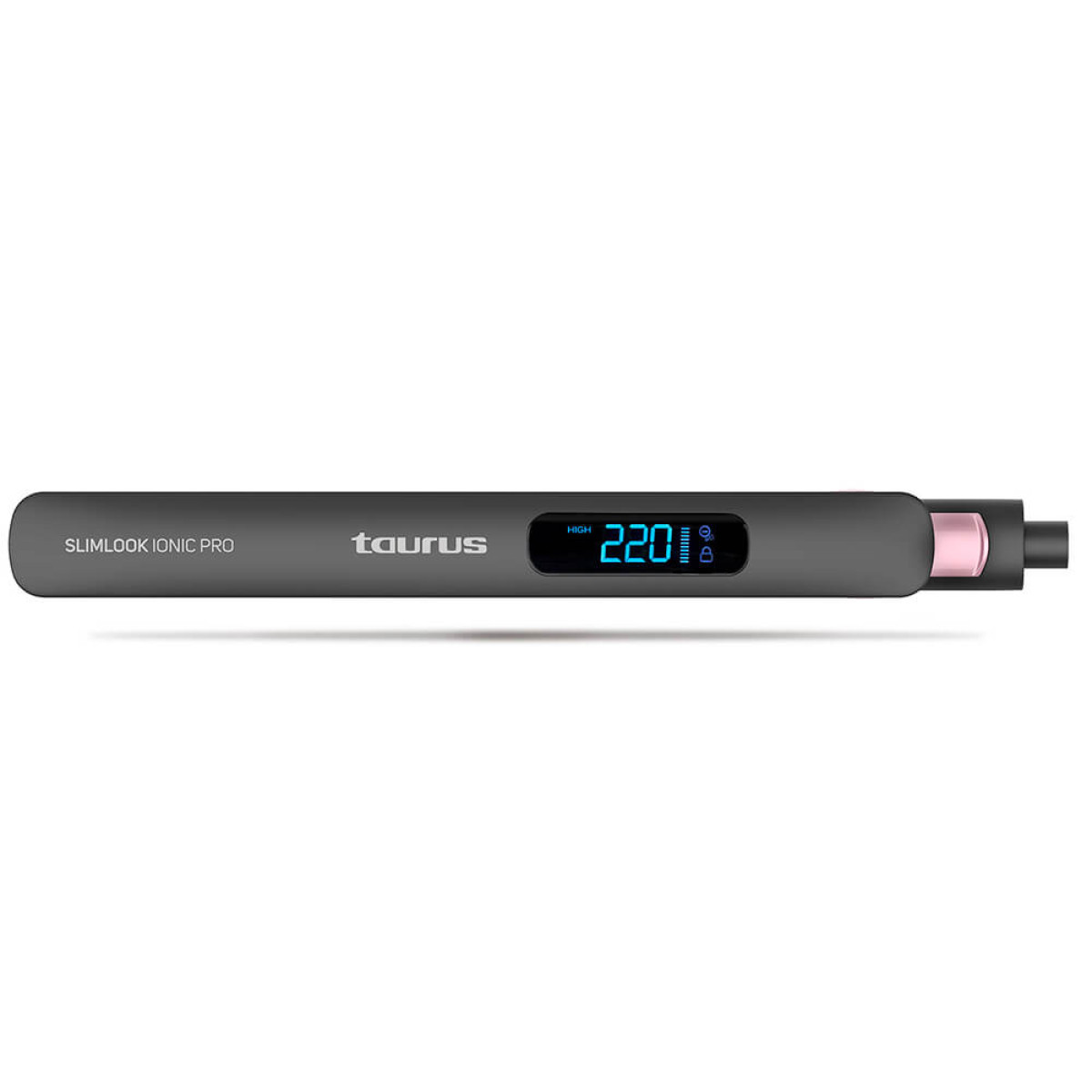 Plancha de pelo negra y gris con pantalla digital mostrando la temperatura.