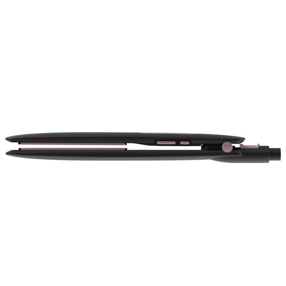Plancha de pelo negra y rosa, vista superior, mostrando las placas y el mango.