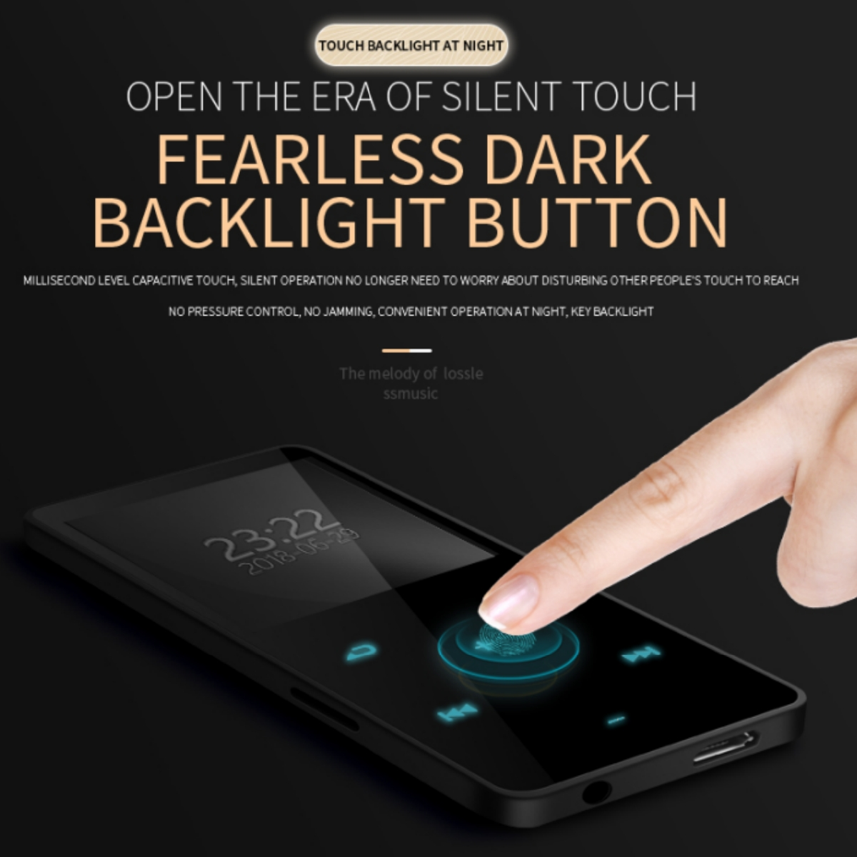 Ein schwarzes Touchscreen-Gerät mit einem Finger, der den Bildschirm berührt. Der Hintergrund ist dunkel.