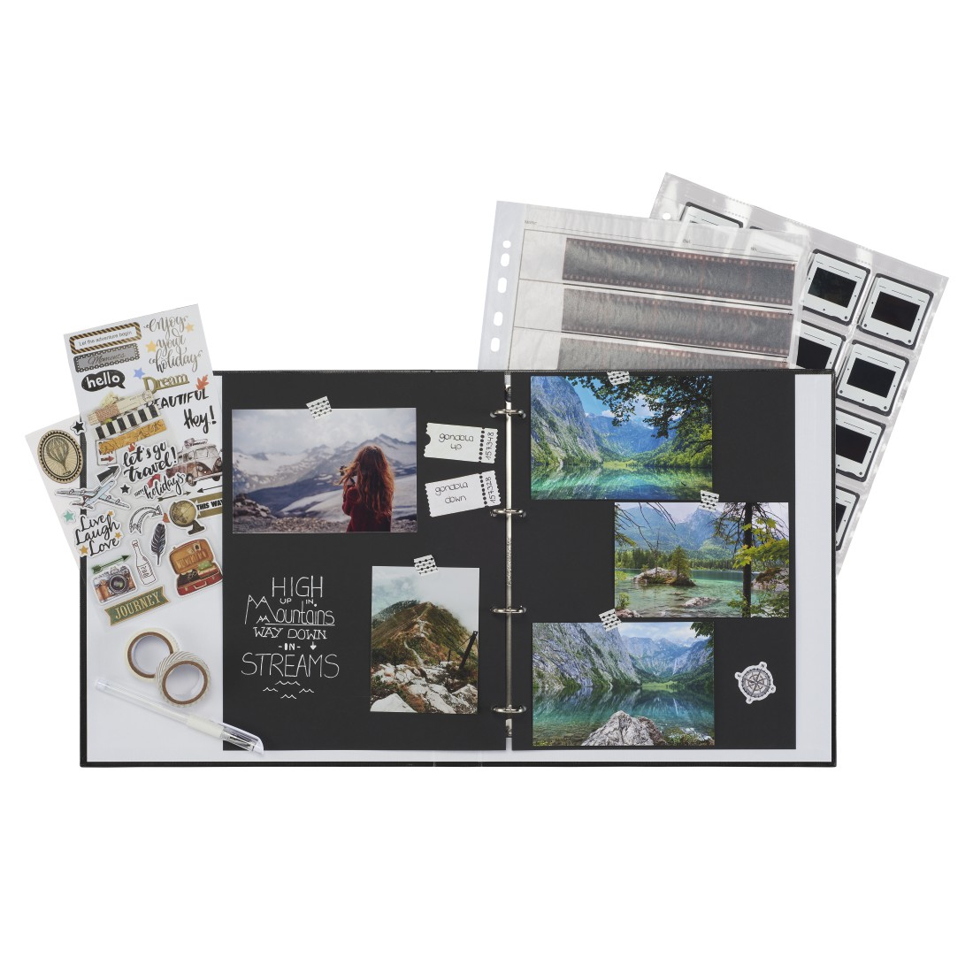 Fotoalbum mit Fotos, Aufklebern und Filmnegativen. Es gibt einen Stift und Ringe.