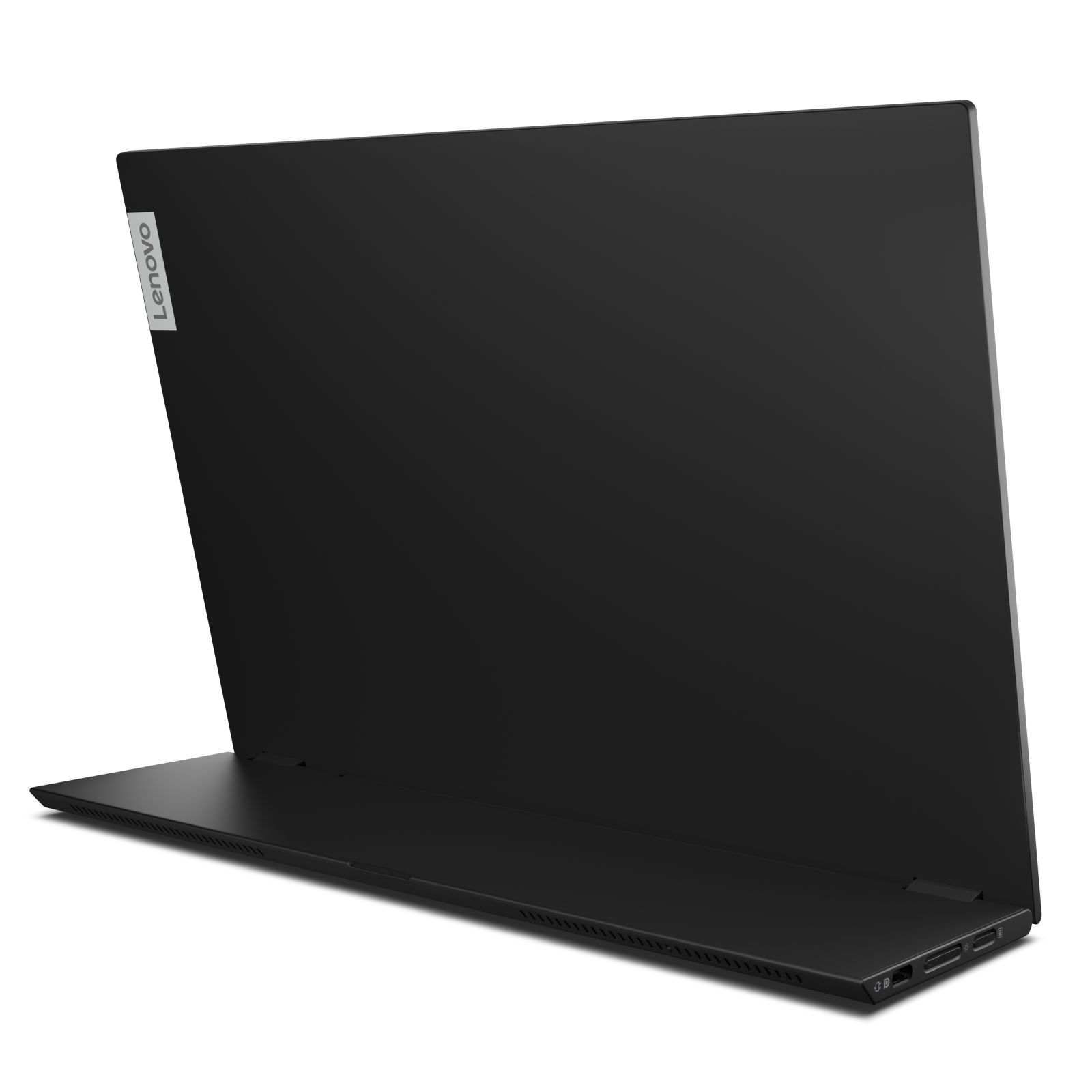 Czarny laptop z otwartym logo Lenovo pod kątem. Białe tło.