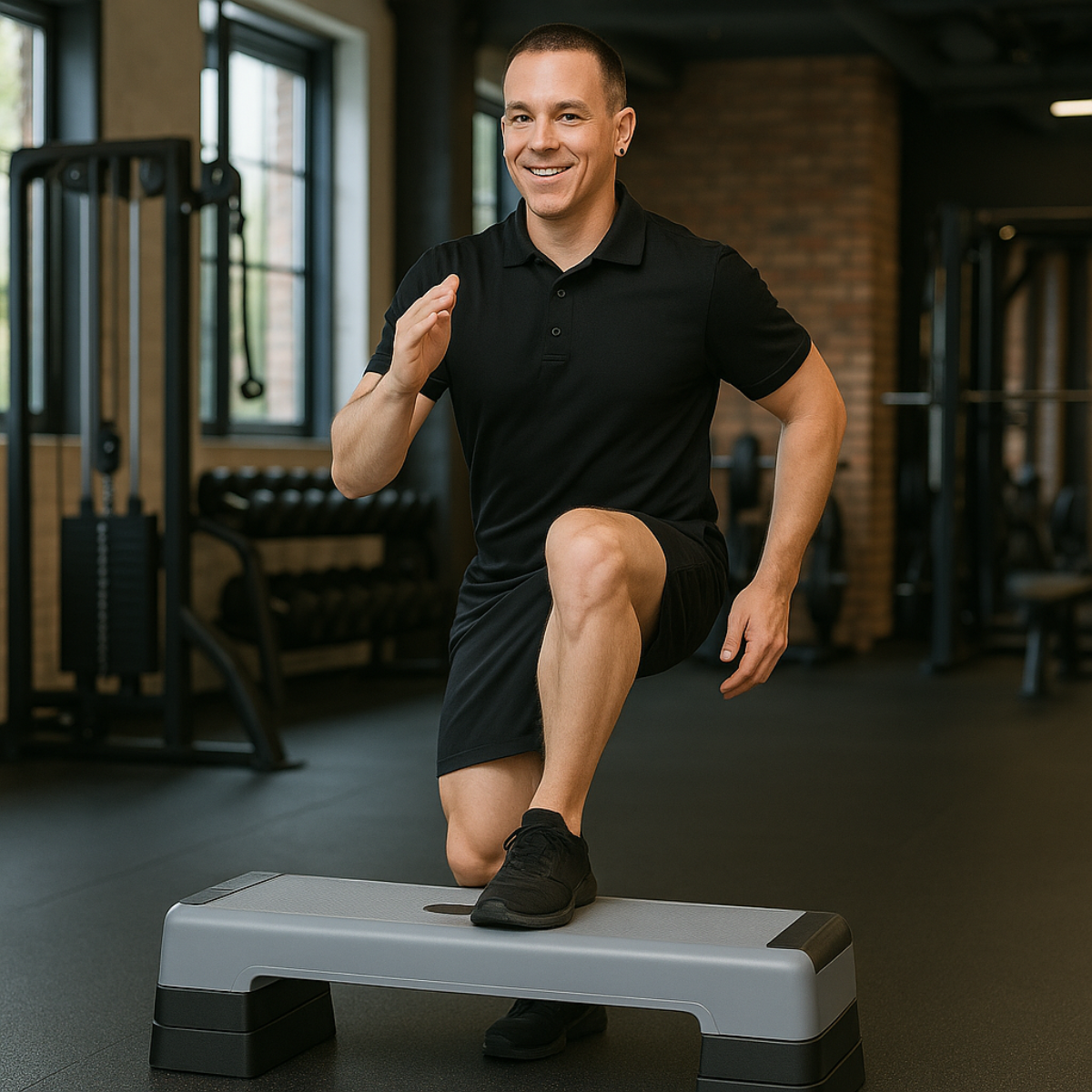 Homme en noir monte sur une marche grise. Salle de sport avec machines et fenêtres.