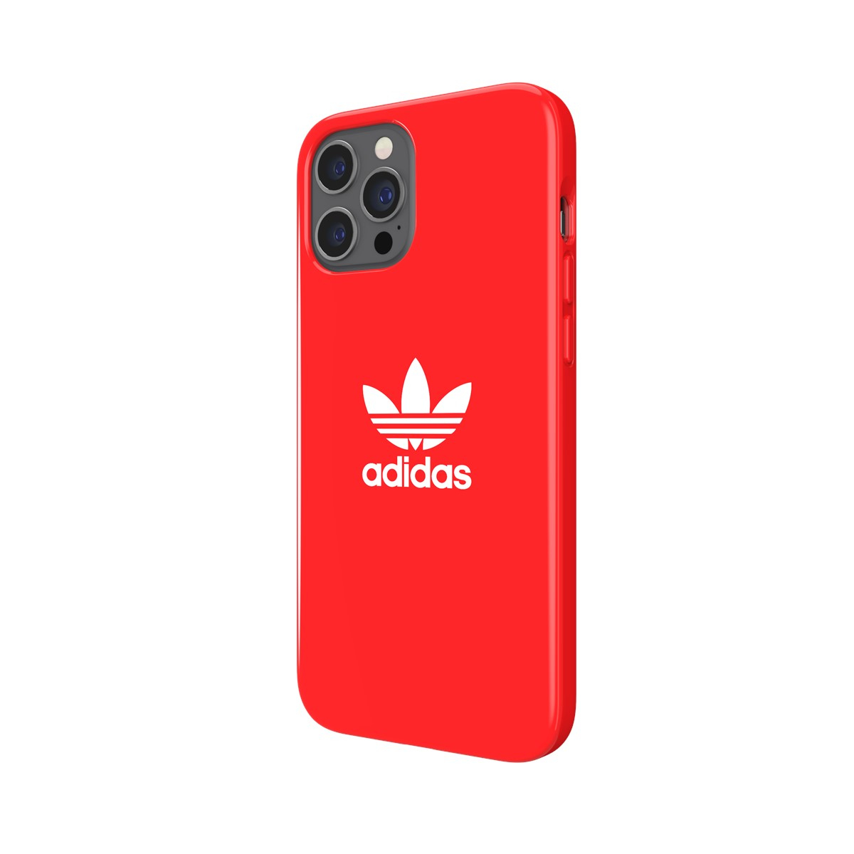 Custodia iPhone rossa con logo Adidas. Il logo è bianco sul retro.
