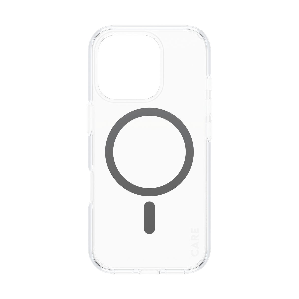 Transparente iPhone-Hülle mit schwarzem Magnetring. Text 'CARE' unten.