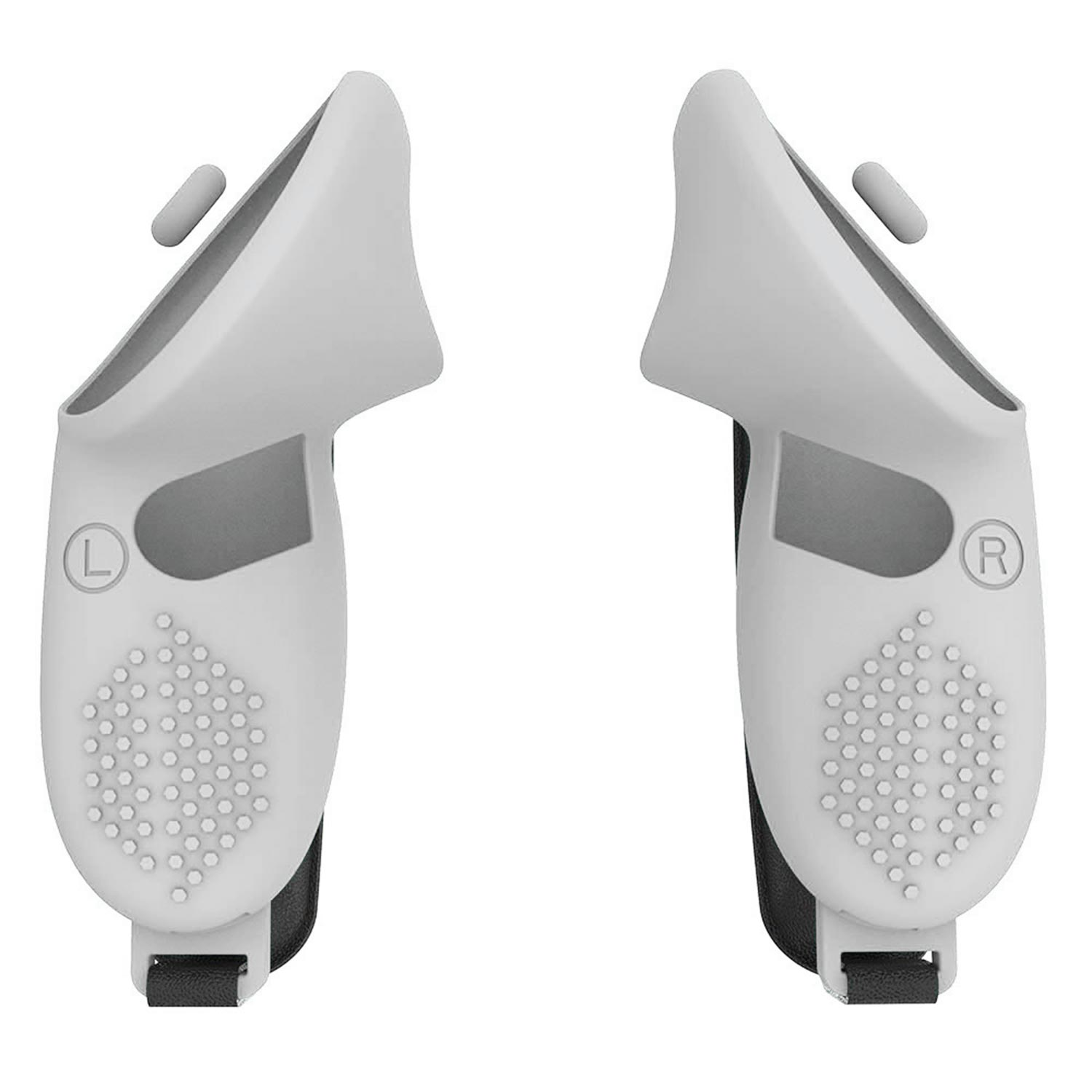 Set witte VR-controllers, links en rechts gelabeld. Elk heeft een grip, knop en riembevestigingspunt.