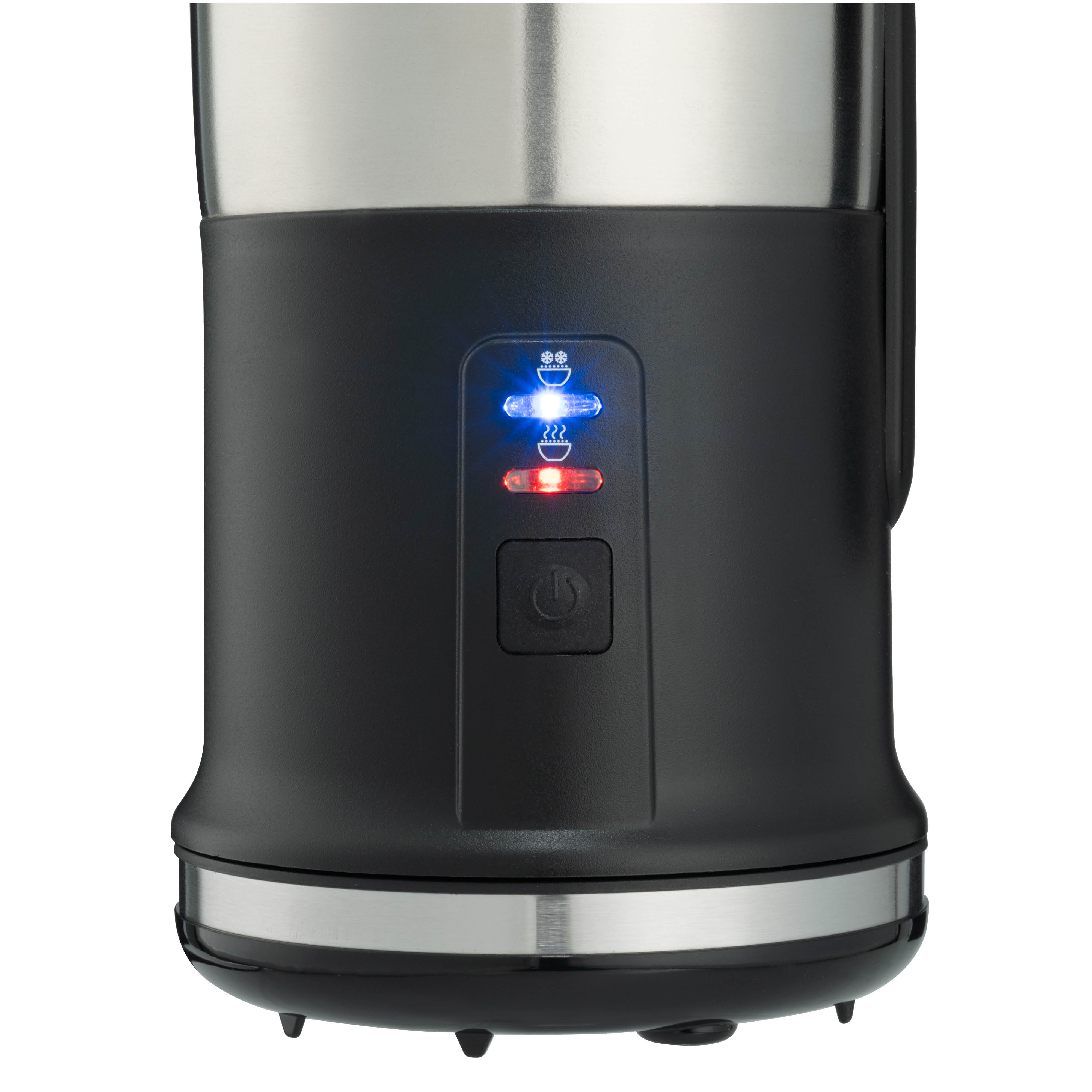 Black milk frother with silver accents. It has indicator lights and a power button on the front.