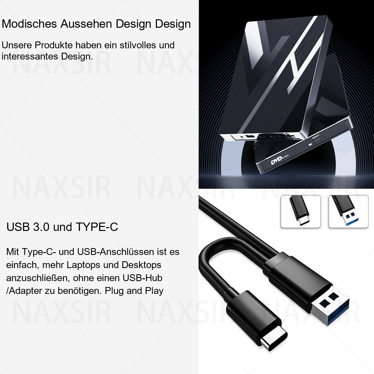 Bild eines schwarzen DVD-Laufwerks und eines USB-Kabels. Die Marke NAXSIR ist prominent.