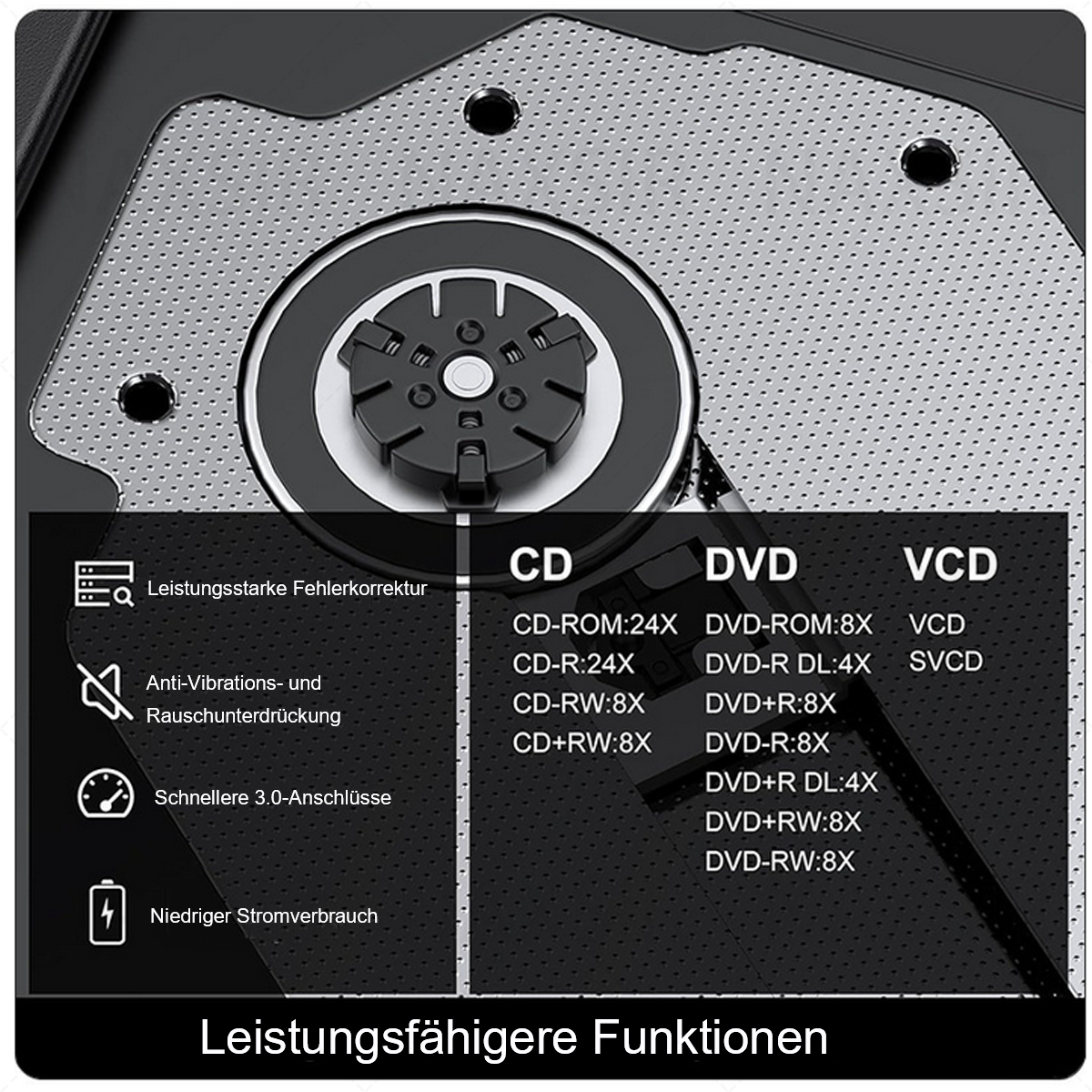 Nahaufnahme eines CD/DVD-ROM-Laufwerks mit detaillierten Beschriftungen für verschiedene Disc-Typen und Geschwindigkeiten.