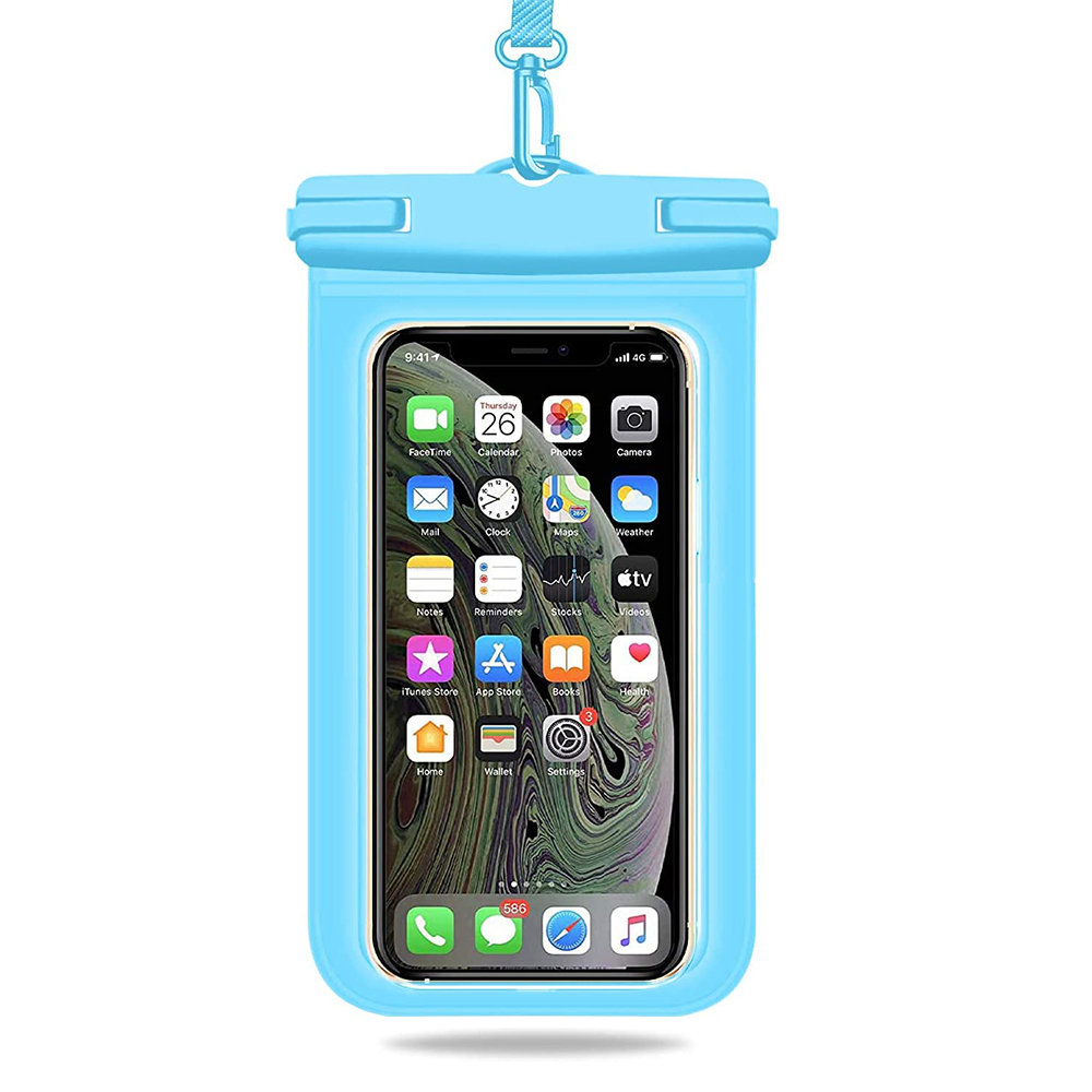 Eine transparente wasserdichte Handyhülle mit Smartphone, mit blauem Umhängeband. Das Telefon ist sichtbar.