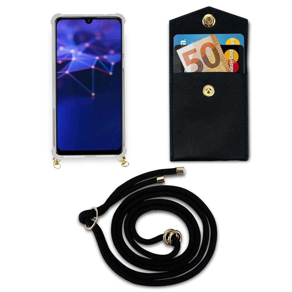 Un telefono in una custodia con portacarte e un cordino nero. È visibile una banconota da 50 euro.