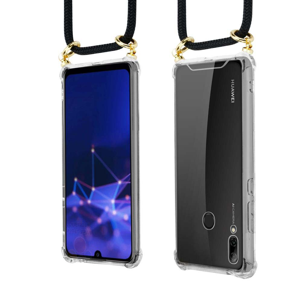 Un telefono in una custodia trasparente con cordino nero, che mostra entrambi i lati, con il marchio Huawei visibile.