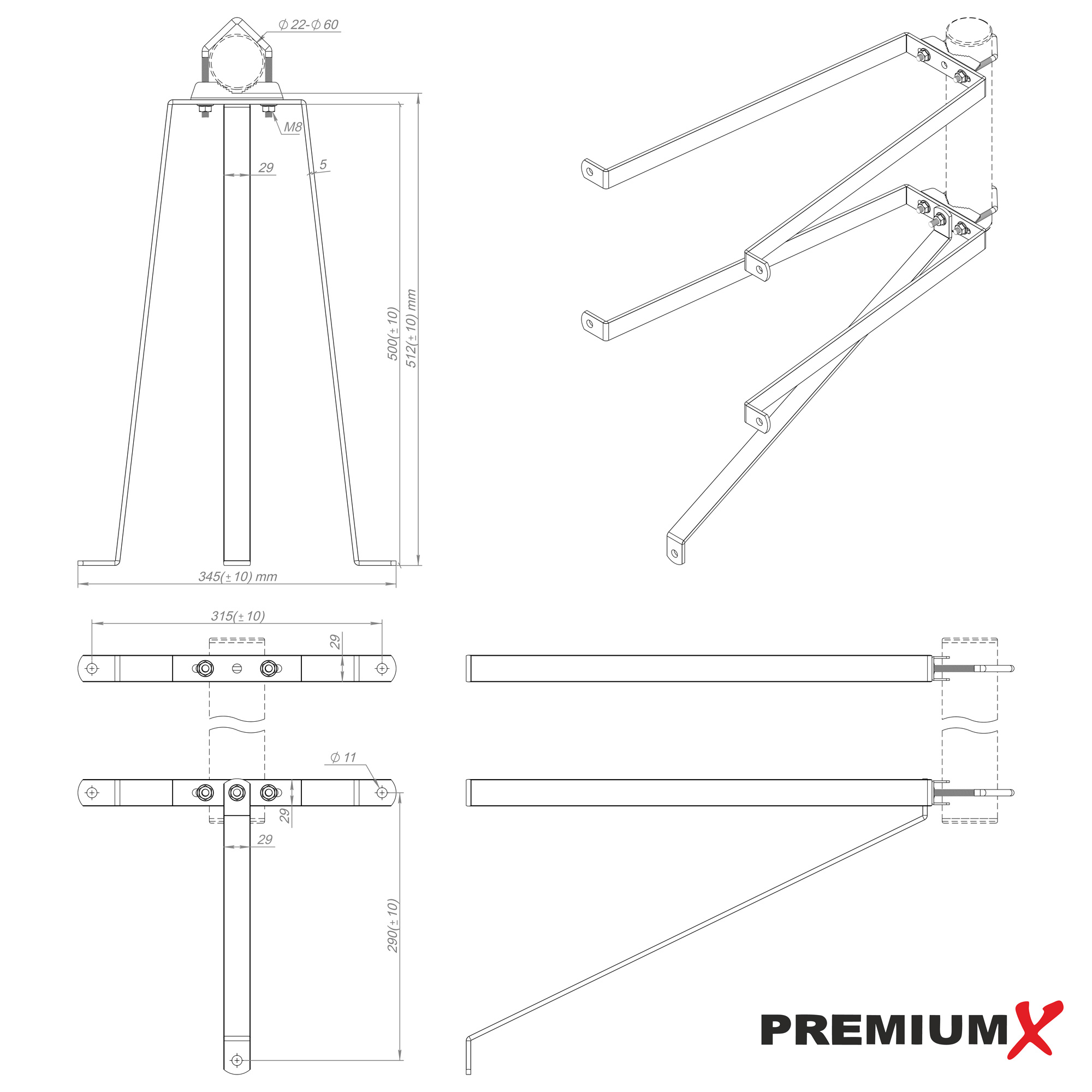 Technische Zeichnung von Metallteilen. Enthält Maße, Winkel und das PremiumX-Logo.