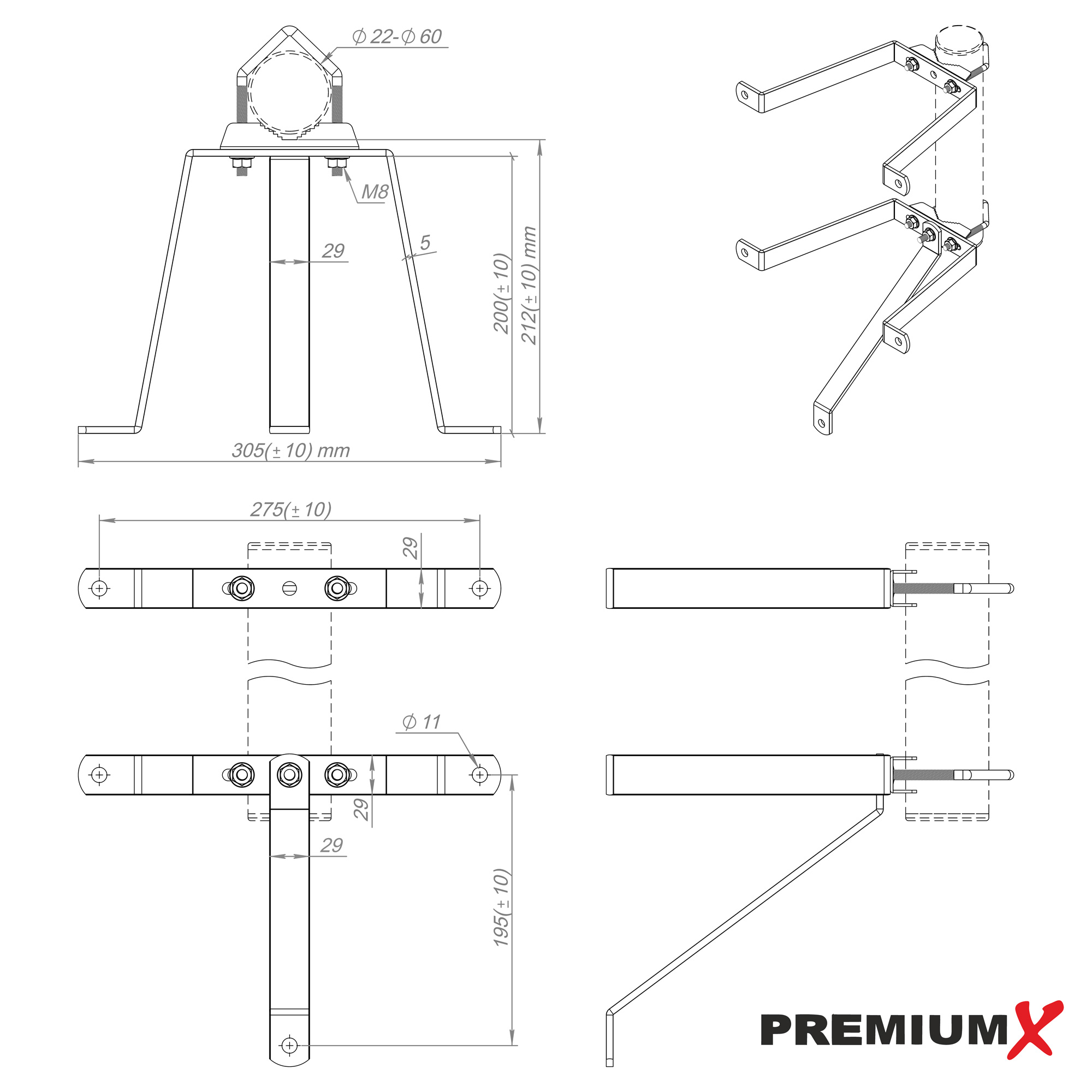 Technische Zeichnung mit verschiedenen Ansichten, Abmessungen und dem Logo 'PREMIUMX'.
