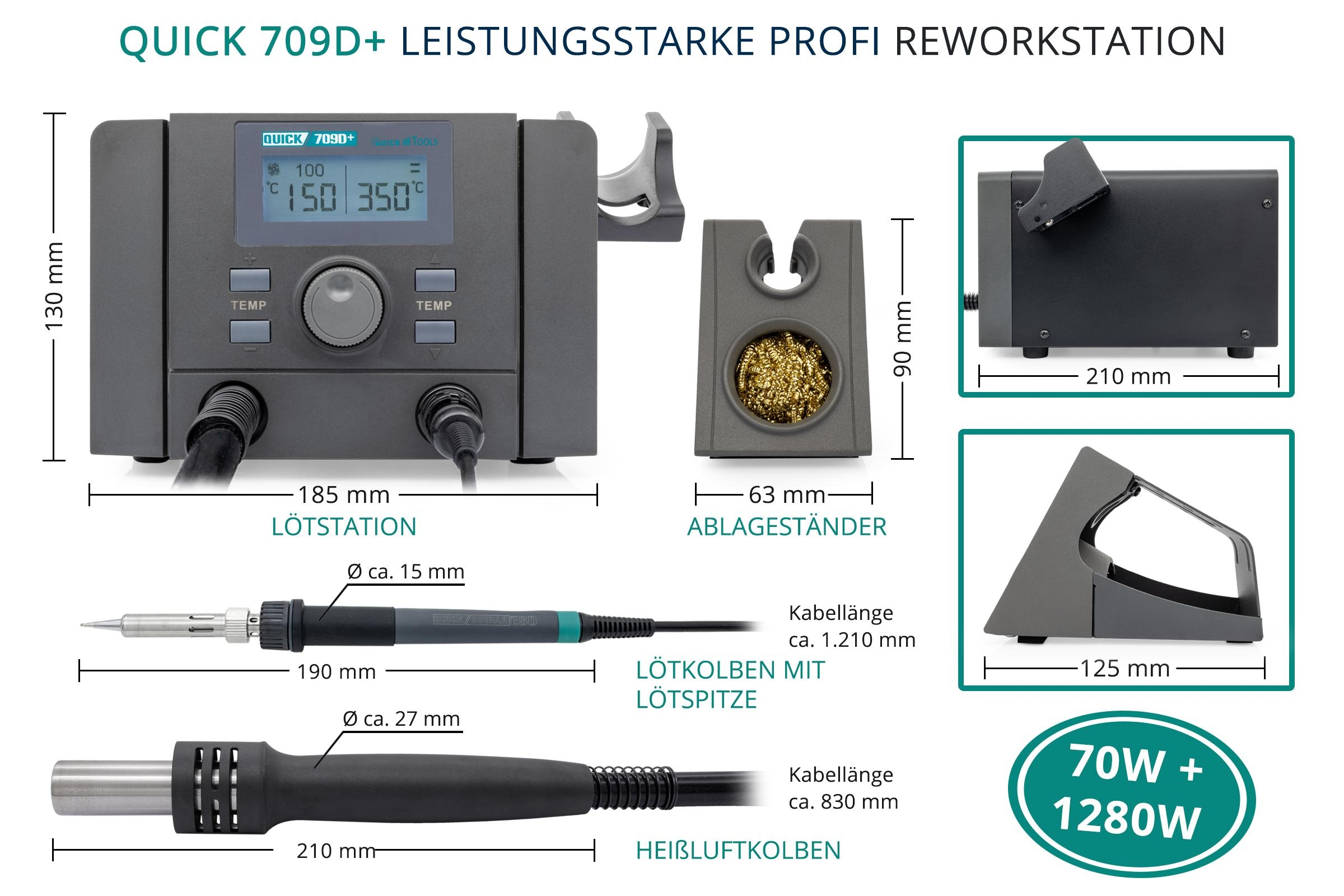 Eine Rework-Station mit Display, Heißluftpistole, Lötkolben und Zubehör, mit Messungen.