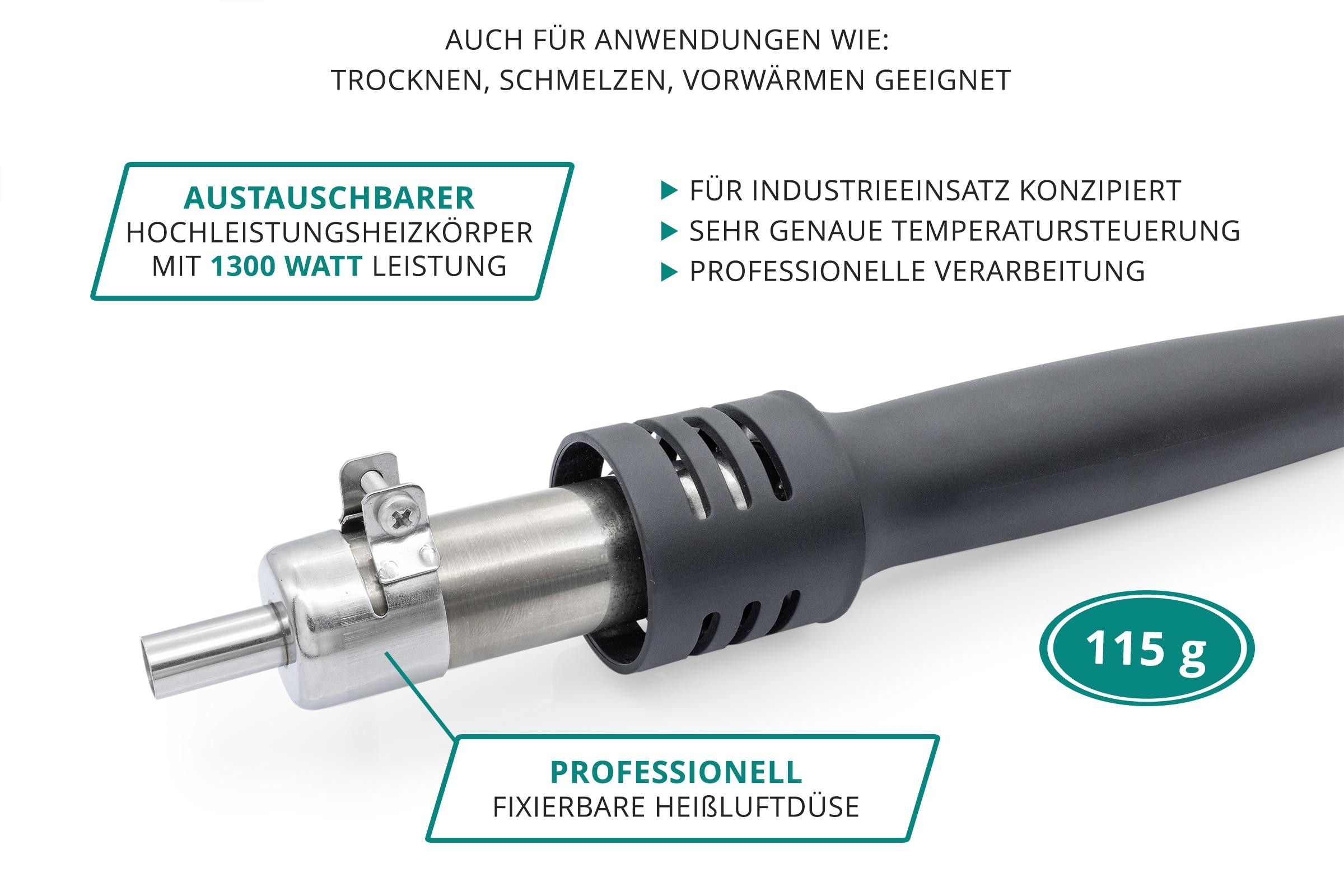 Nahaufnahme einer Heißluftpistole mit grauem Griff und Metall-Düse, mit Text über ihre Eigenschaften.