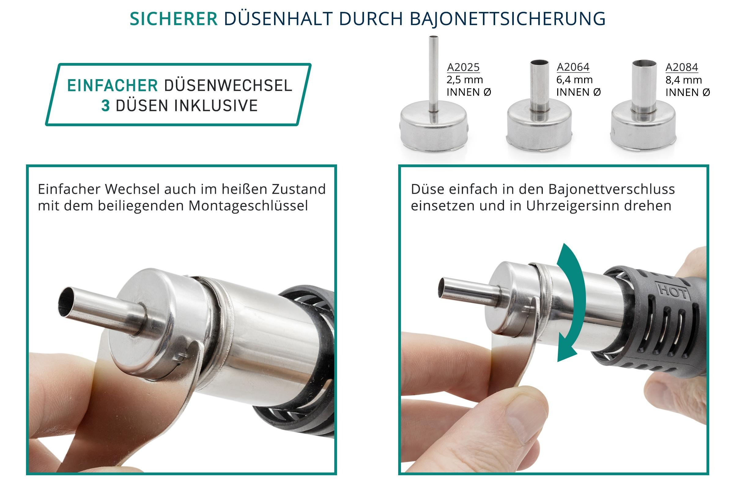 Nahaufnahme der Heißluftpistolen-Düsenbaugruppe mit Anweisungen und Diagrammen zum Düsenwechsel.