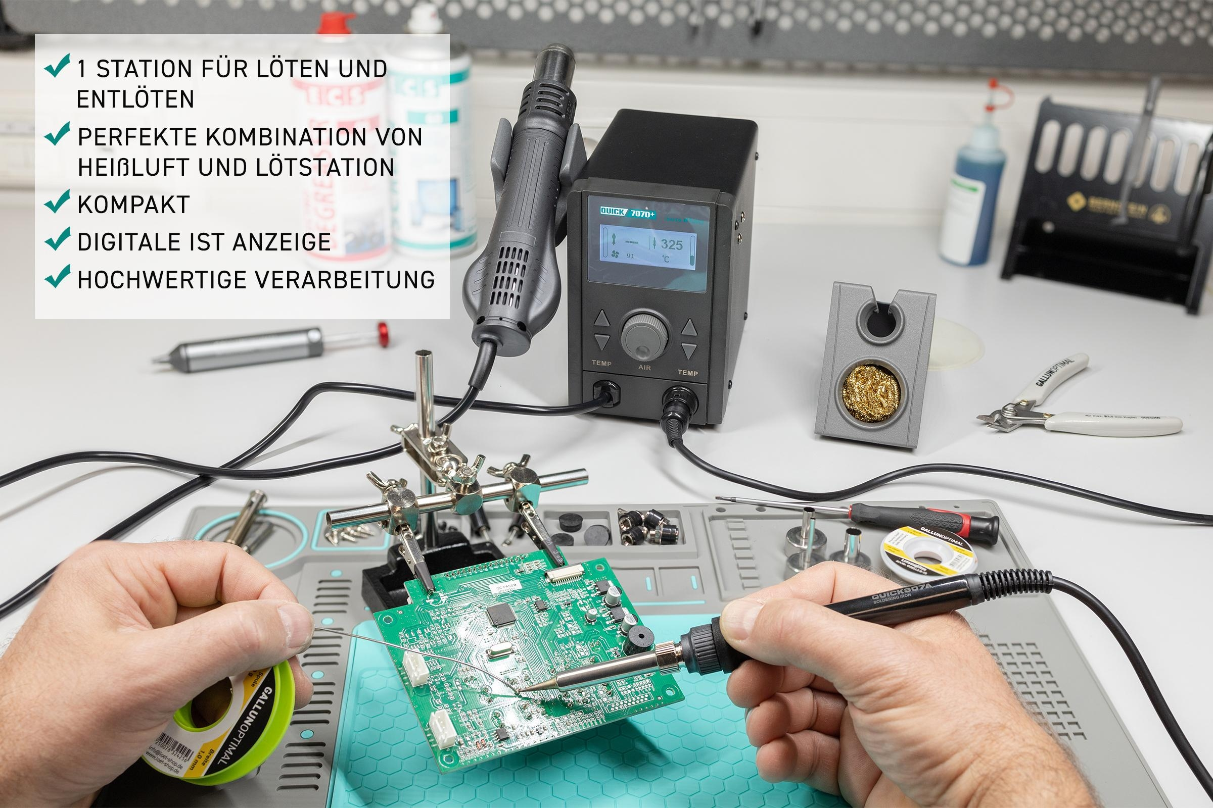Eine Person lötet auf einer Leiterplatte, mit einer Rework-Station, Heißluftpistole und Zubehör in einer Werkstatt.