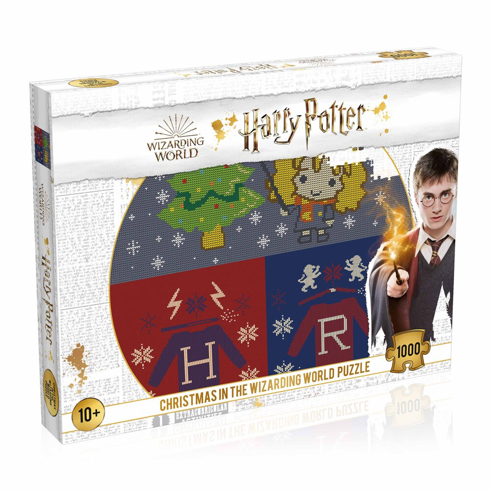 Harry Potter Puzzlebox: Puzzlebild mit Weihnachtsbaum, Hermine und Pullovern. Harry Potter Foto mit Zauberstab.