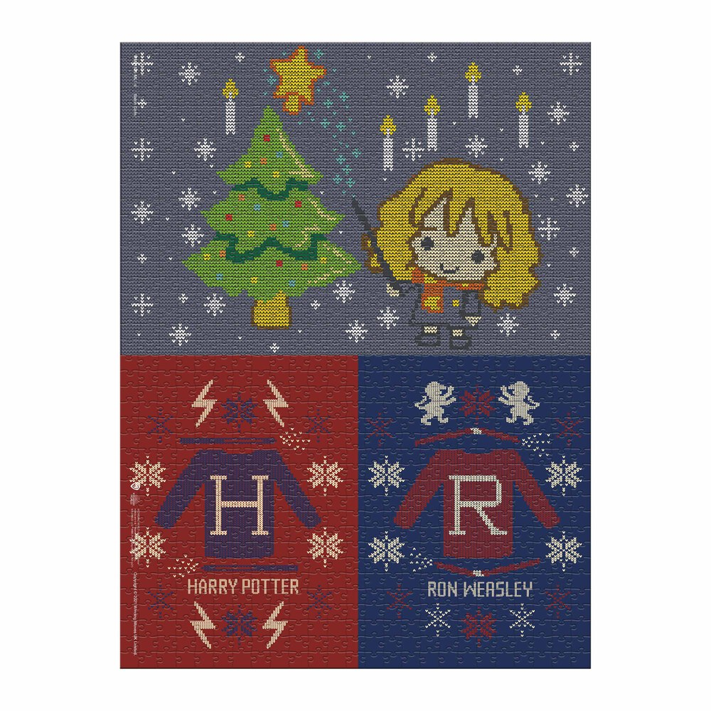Harry Potter Puzzle: Weihnachtsbaum, Hermine und Pullover mit 'H' und 'R'. Blaue, rote und weiße Farben.