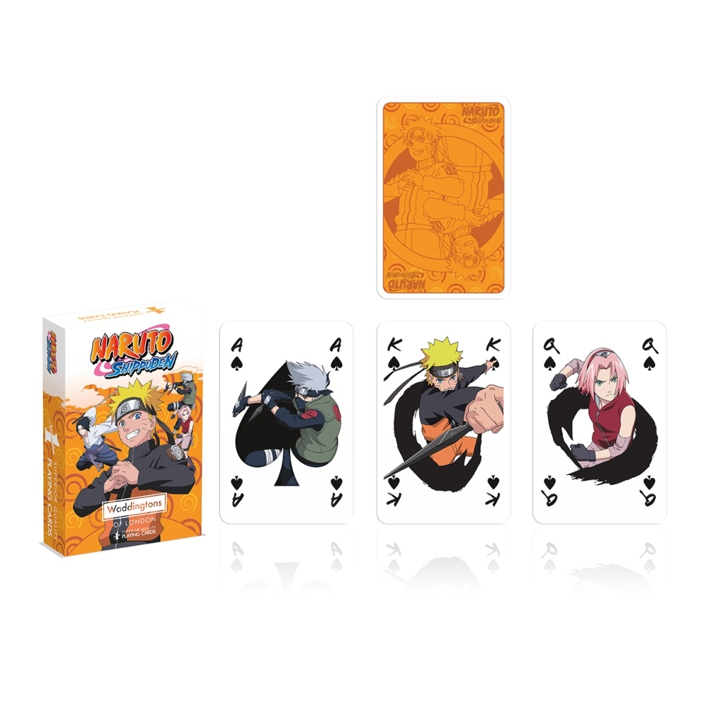 Zestaw kart do gry Naruto Shippuden. Zawiera pudełko, rewers karty Naruto i trzy karty postaci: Kakashi, Naruto, Sakura.
