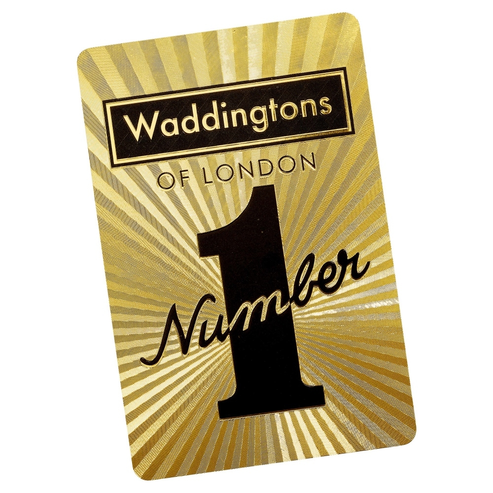 Złota karta do gry z logo Waddingtons of London i numerem 1. Tło ma wzór promieni słonecznych.