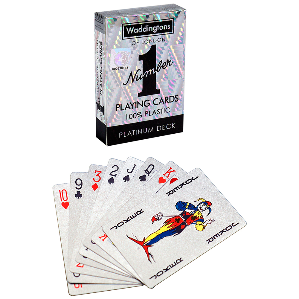 Boîte de cartes à jouer et cartes. Les cartes incluent un joker et le 10 de carreaux, 2 de cœurs, etc.