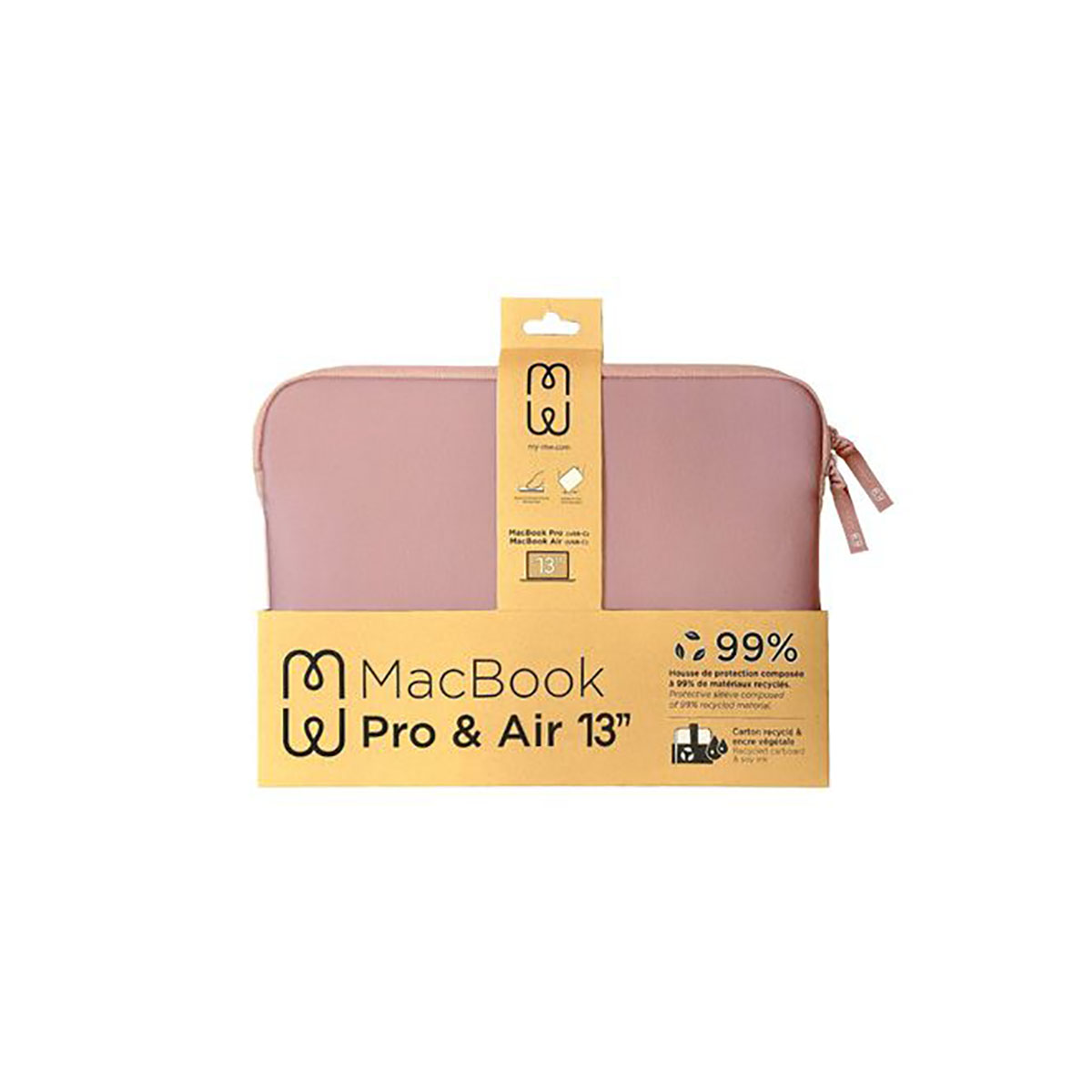 Rosa Laptoptaschenverpackung auf weißem Hintergrund, zeigt die Produktbeschreibung und das Branding.